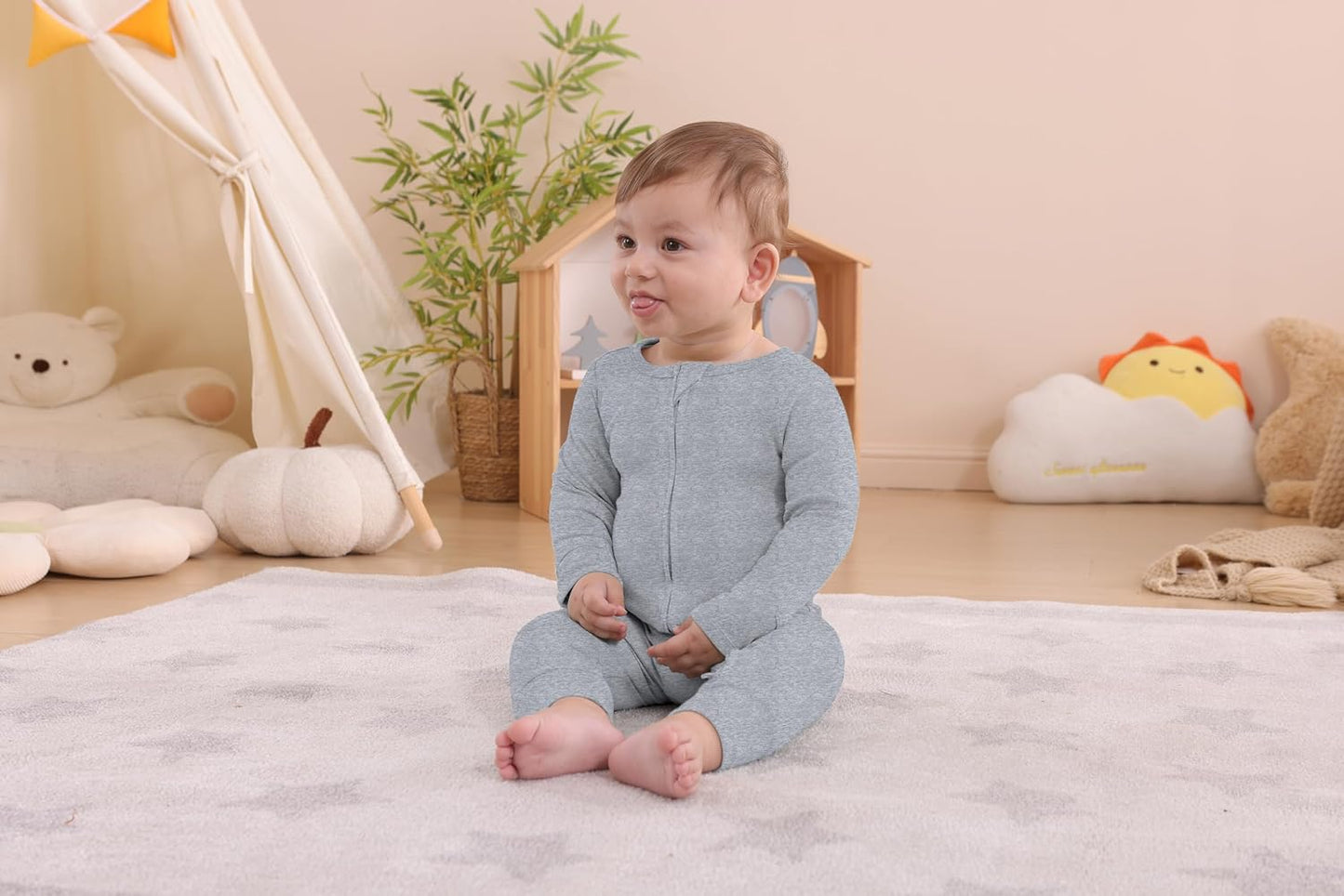 GUISBY Long Sleeve Cotton Pajamas Footless Baby Bodysuits with Zipper and Mittens 3-Pack for Boys Girls