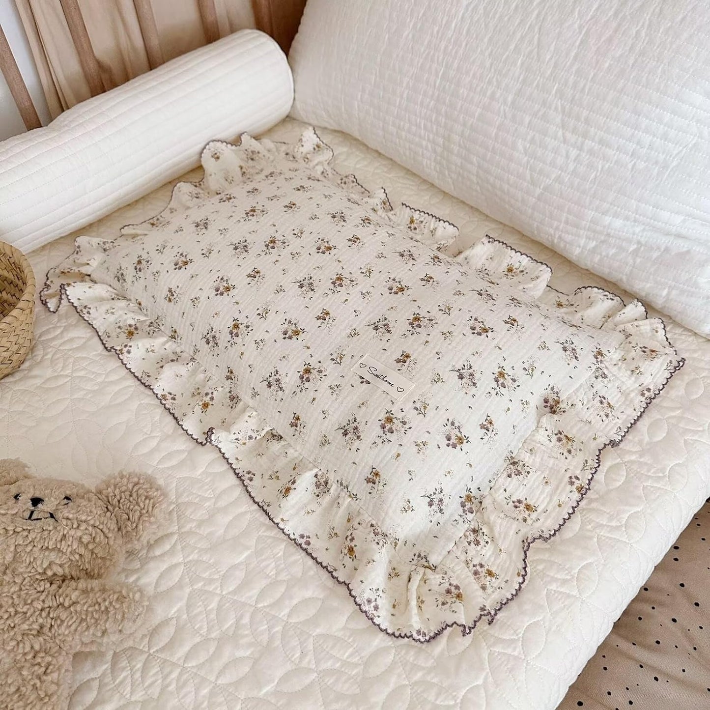 BuLuTu Cotton Muslin Pillow Case King Pillowcase Sweet Floral Design Pillowcases Enveloped Closure Vintage Ruffled Pillow Cover for Teens Adults, 20x36 inch, 1 Piece, Crapemyrtle