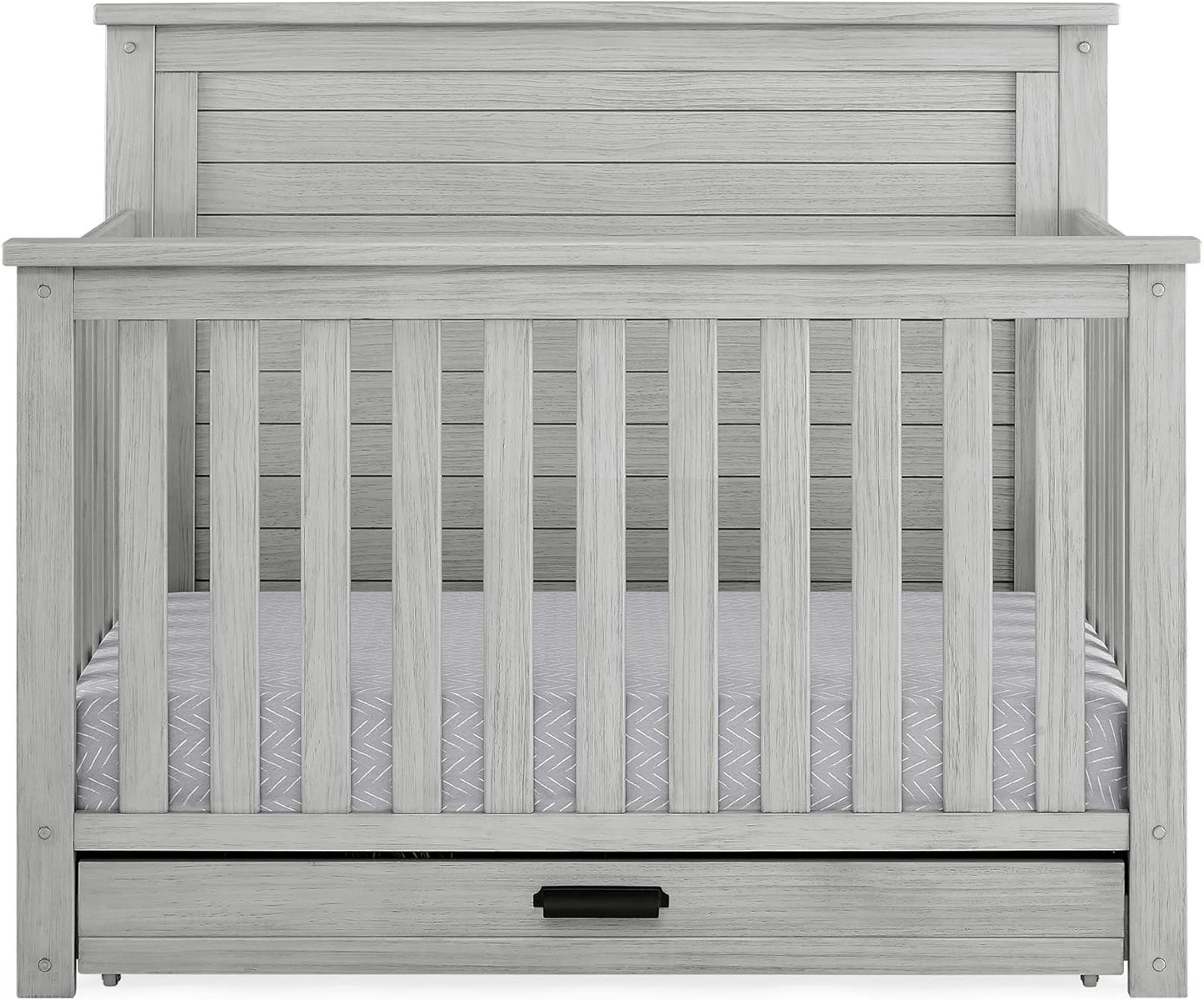 Delta Children Simmons Kids Caden 6-in-1 Convertible Crib with Trundle Drawer, Greenguard Gold Certified, Rustic Mist