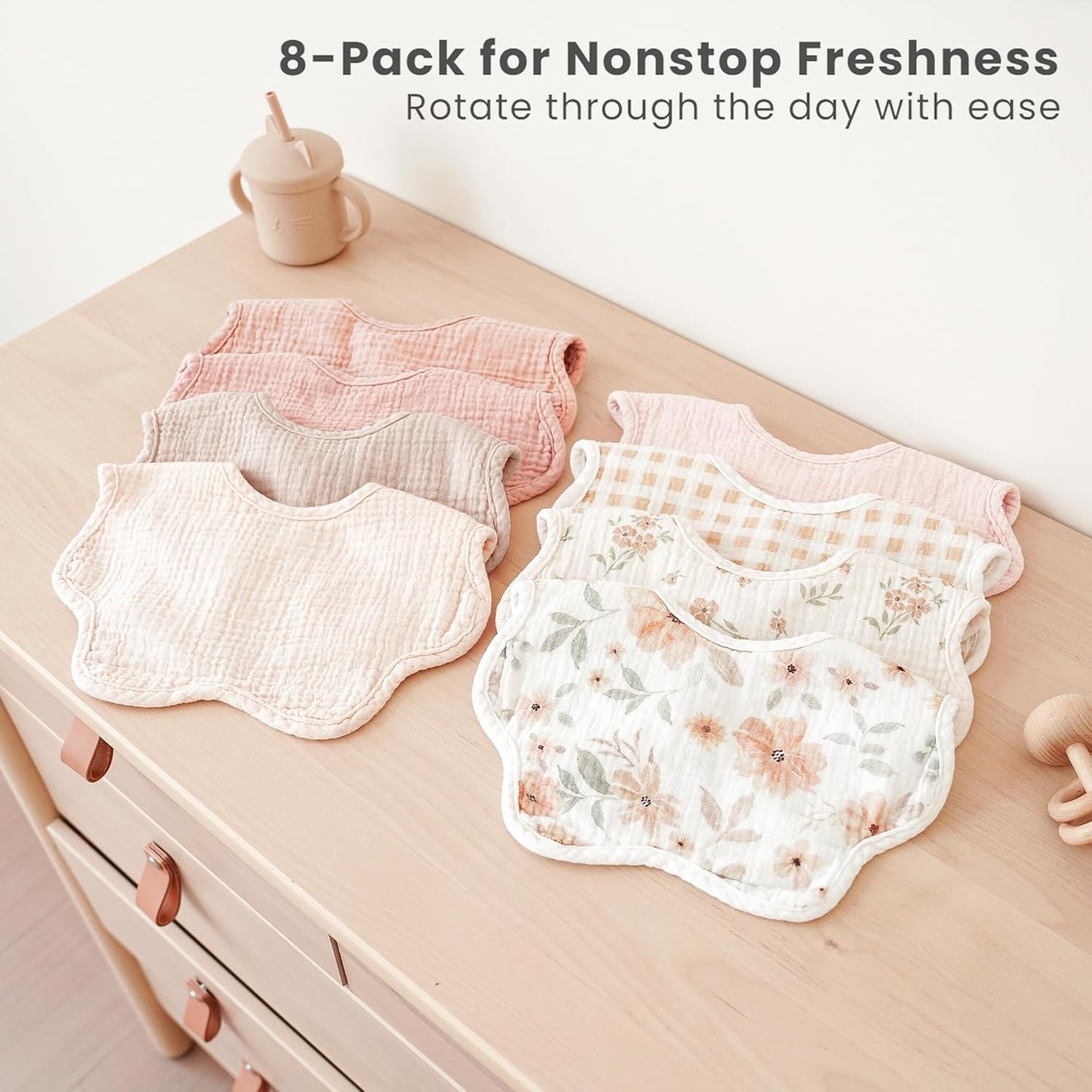 Konssy Muslin Baby Bibs 8 Pack, 100% Cotton Absorbent Bandana Drool Bibs for Teething and Drooling for Unisex Boys and Girls