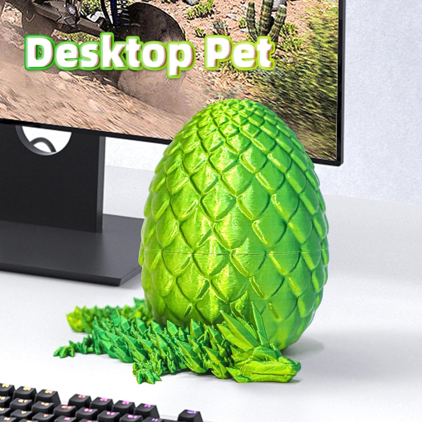 Dragon Egg - 3D Printed Egg with Flexible Pearly Sheen Dragon Inside, 3D Printed Surprise Gift, Articulated Dragon Egg Fidget Toy, Figurine Decor (12” Dragon Gold Mix Green)