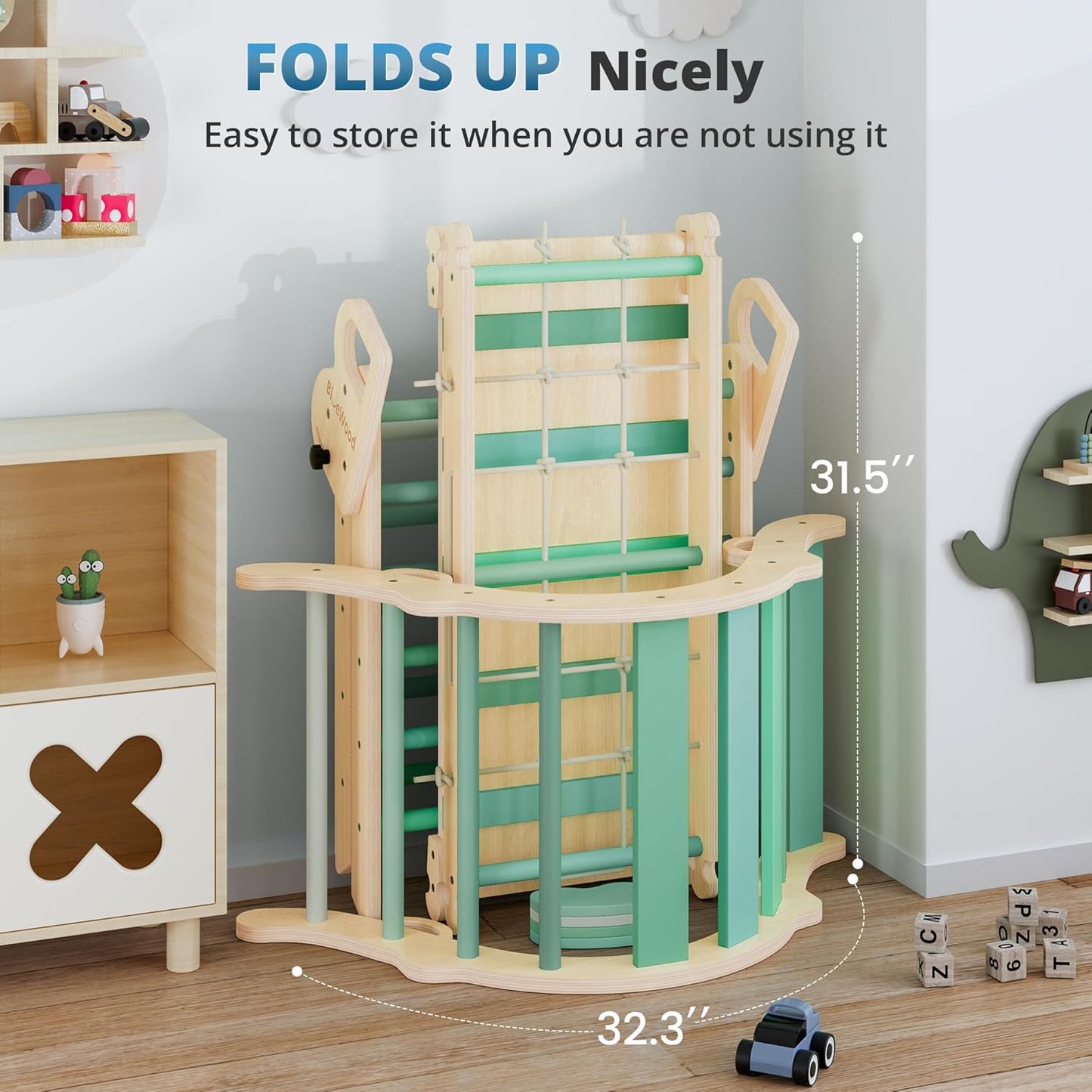 BlueWood 10-in-1 Pikler Triangle Set, Toddler Climbing Toys Indoor, Montessori Climber, Baby Jungle Gyms with Arch, Extra Rope Ladder & Footprint Balance Beam - Emerald Forest