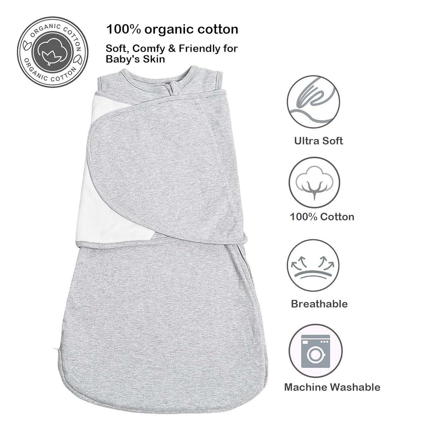 Baby Sleep sack Swaddle,Sleep Sack 3-6 Months,3-Way Adjustable Wearable Transition Swaddles Blanket Boy And Girl,100% Cotton,TOG 1.0(Grey)