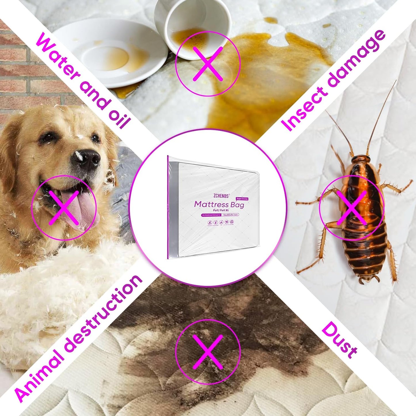 ZCHENBS® – Mattress Bags for Moving and Storage,Mattress Bag with Zippers,5 Mil Ultra-Thick Bed Bag,Waterproof,Anti-Tear,Heavy-Duty Mattress bag (Tansparent/Purple, Full/Full XL-(1 Pack))