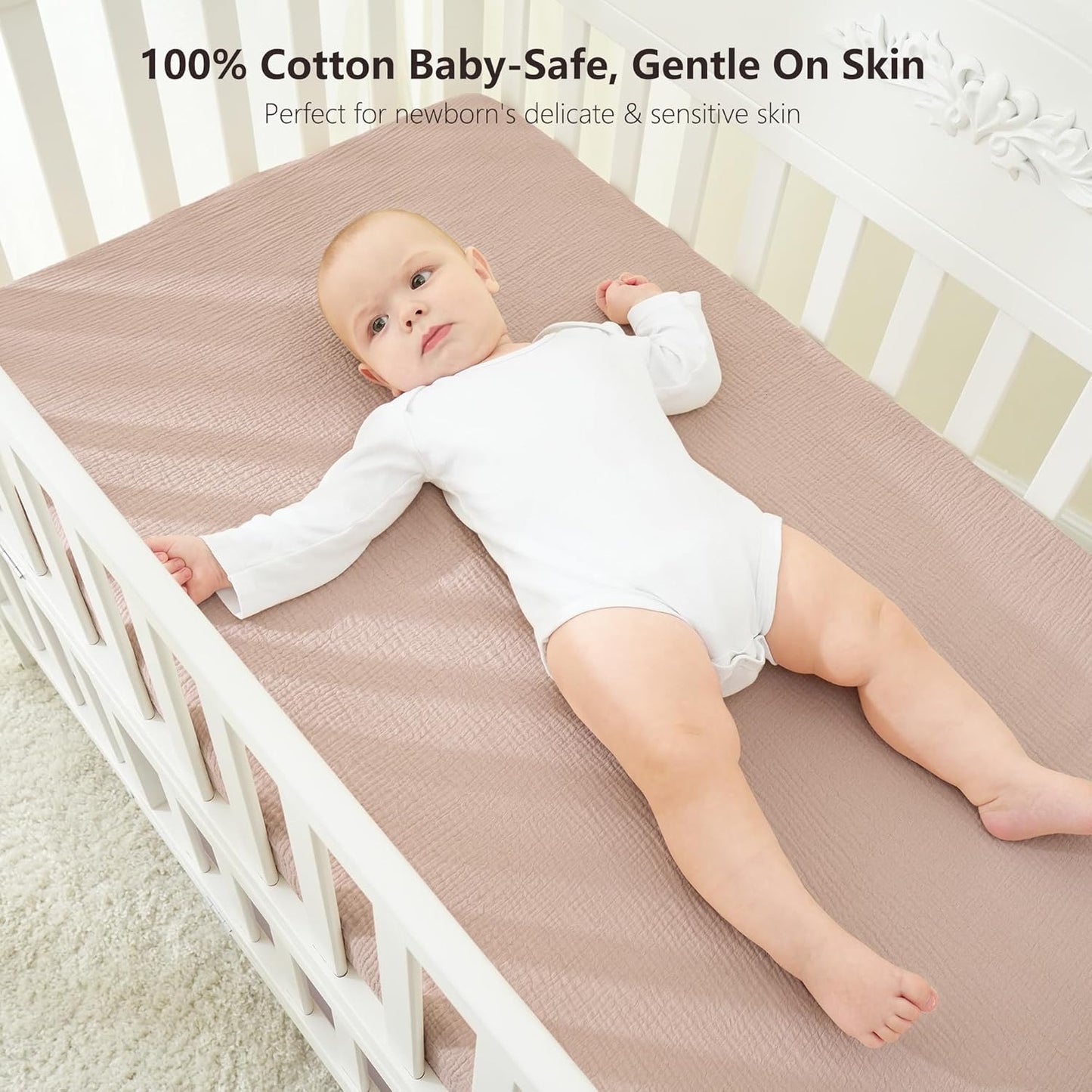 Bearmoss Muslin Crib Sheets - 100% Cotton Baby Crib Sheets Fitted for Standard Crib Mattress & Toddler Bed Mattress 52"x28" Soft Breathable Crib Sheet Neutral for Boys Girls - 2 Pack (Pink Star)