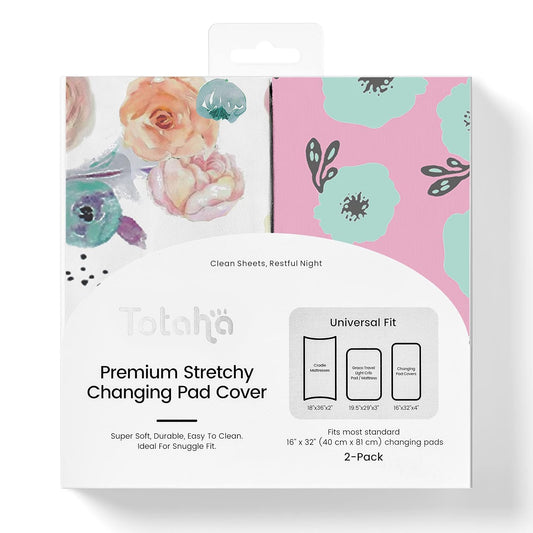 TotAha Premium Stretchy Changing Pad Covers (2-Pack)-Hypoallergenic, Silky Comfort, Buttery Soft, Calming Effect, All-Season Jersey-Knit 32'' X 16'' X 5'' Deep Pocket (Colorful Flora & Blue Flowers)