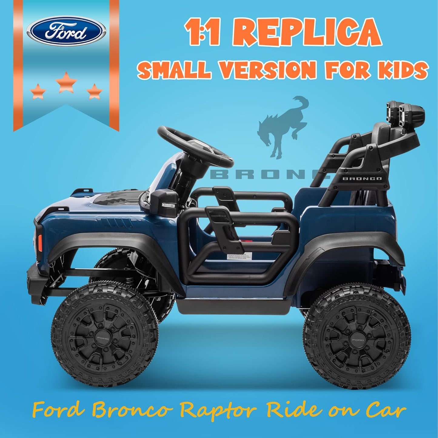 ENYOPRO Licensed Ford Bronco Raptor Electric Ride On Jeep for Kids, 12V Remote Control Ride On Car for Toddlers, Electric Vehicle w/Shock Absorbers, Soft Start, Bluetooth, LED Lights, 2 Speed (Blue)