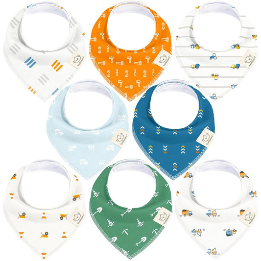 8-Pack Organic Baby Bandana Bibs for Boys, Girls - Super Absorbent Triangle Baby Bibs for Drooling and Teething Infant, 100% Cotton Extra Soft for Newborn, Infant 0-36 Months (Builders)