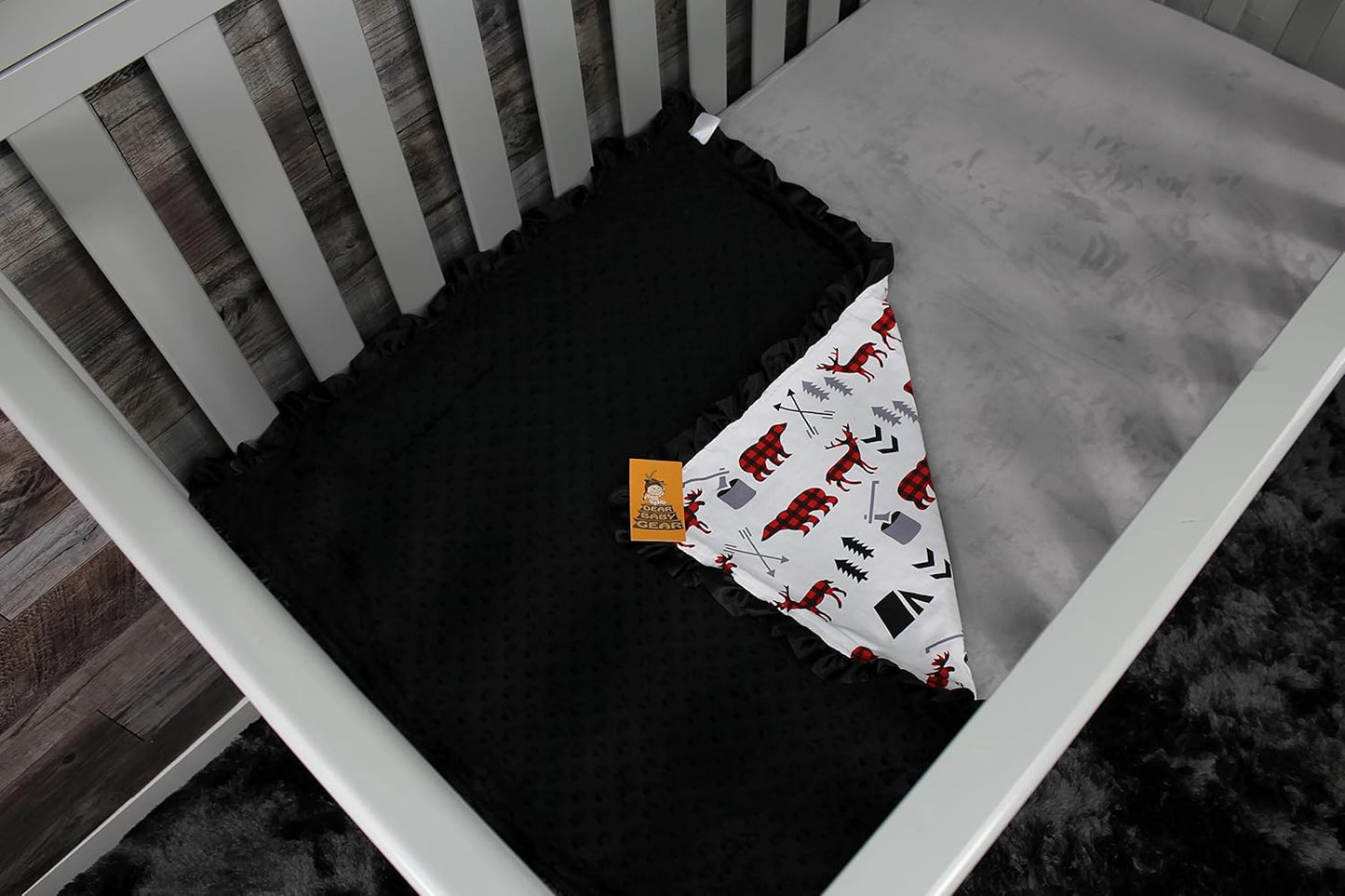 Dear Baby Gear Baby Blankets, Woodland Adventure Bear Moose Lumberjack Plaid, Minky Black, 32 Inches by 32 Inches