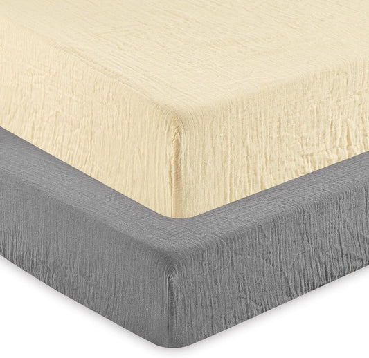 david's kids Muslin Crib Sheets for Boys Girls, 2 Pack 100% Cotton Soft Breathable Fitted Baby Sheet Set, 28x52 Inch Fits Standard Crib and Toddler Mattresses, Beige & Grey