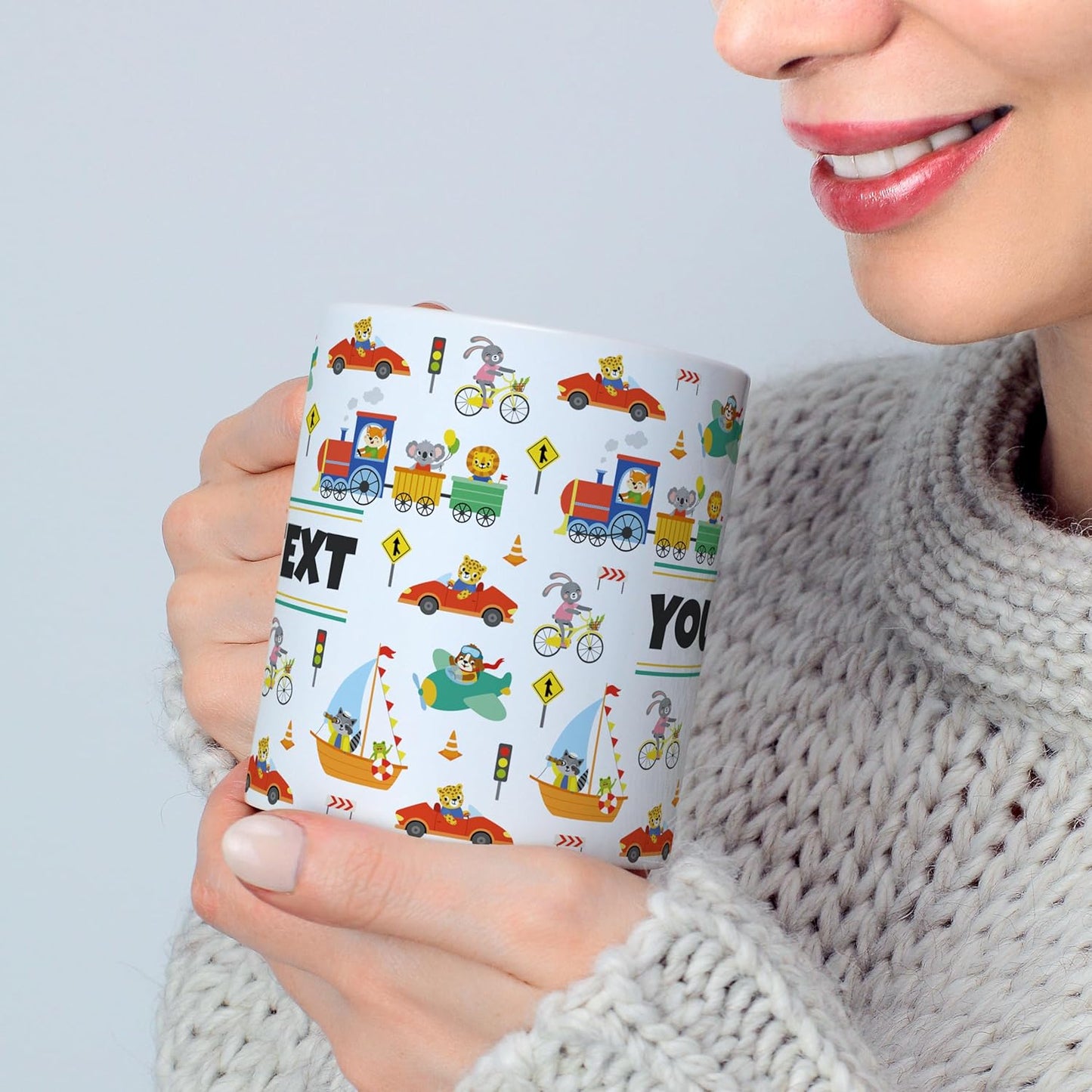 Personalized Mug for Kids - Vehicles - Custom Name/Text, Ceramic Hot Chocolate/Cocoa/Coffee Cup for Boys, Birthday/Christmas/Holiday Gift - 11 oz, White Handle