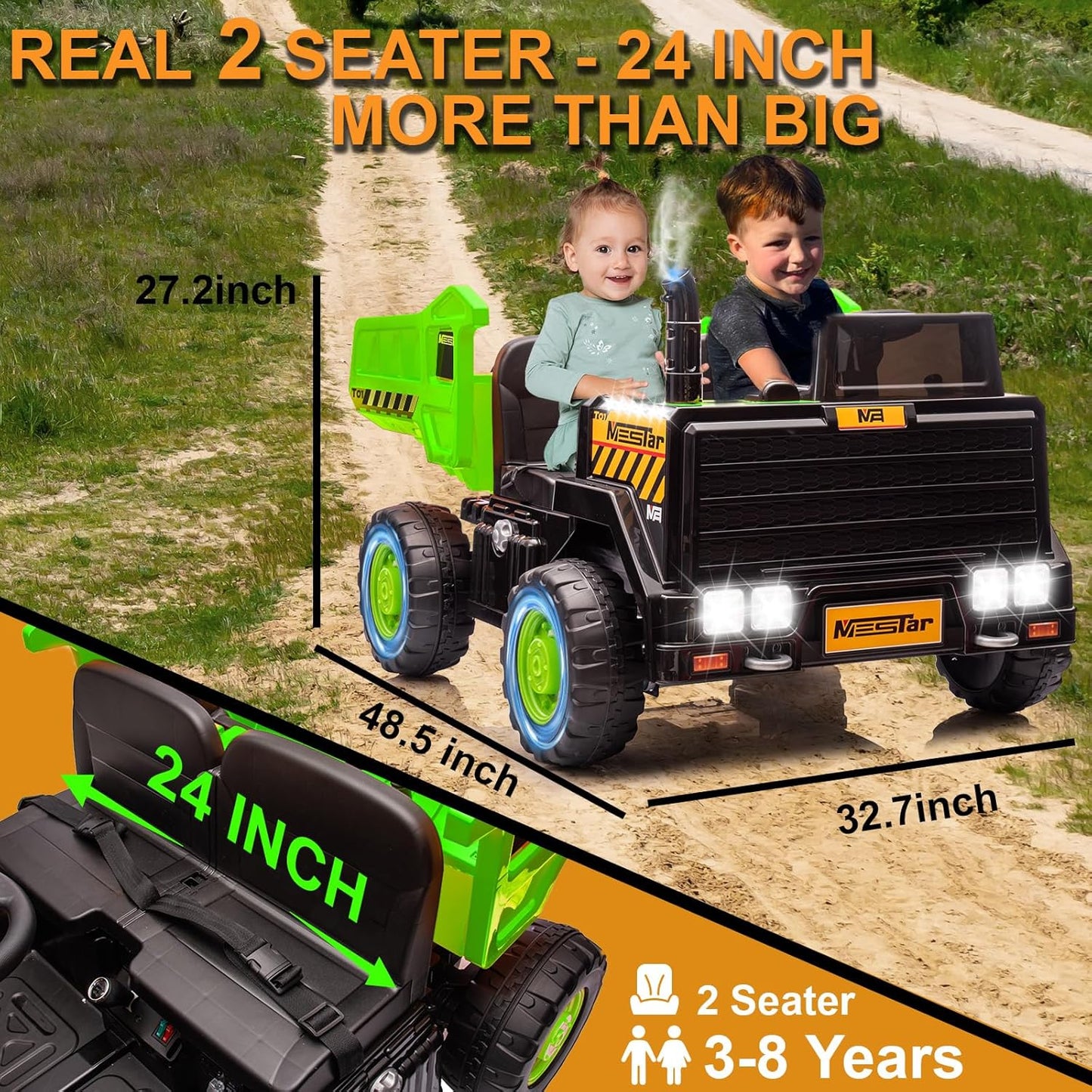 24V Ride On Dump Truck, 24inch-2 Seater Ride On Car for Kids w/Remote Control 4WD/2WD Up to 5 Mph, 24v Ride on Toys for Big Kids w/Electric Dump Bed Extra Shovel Traffic Cones (Green)