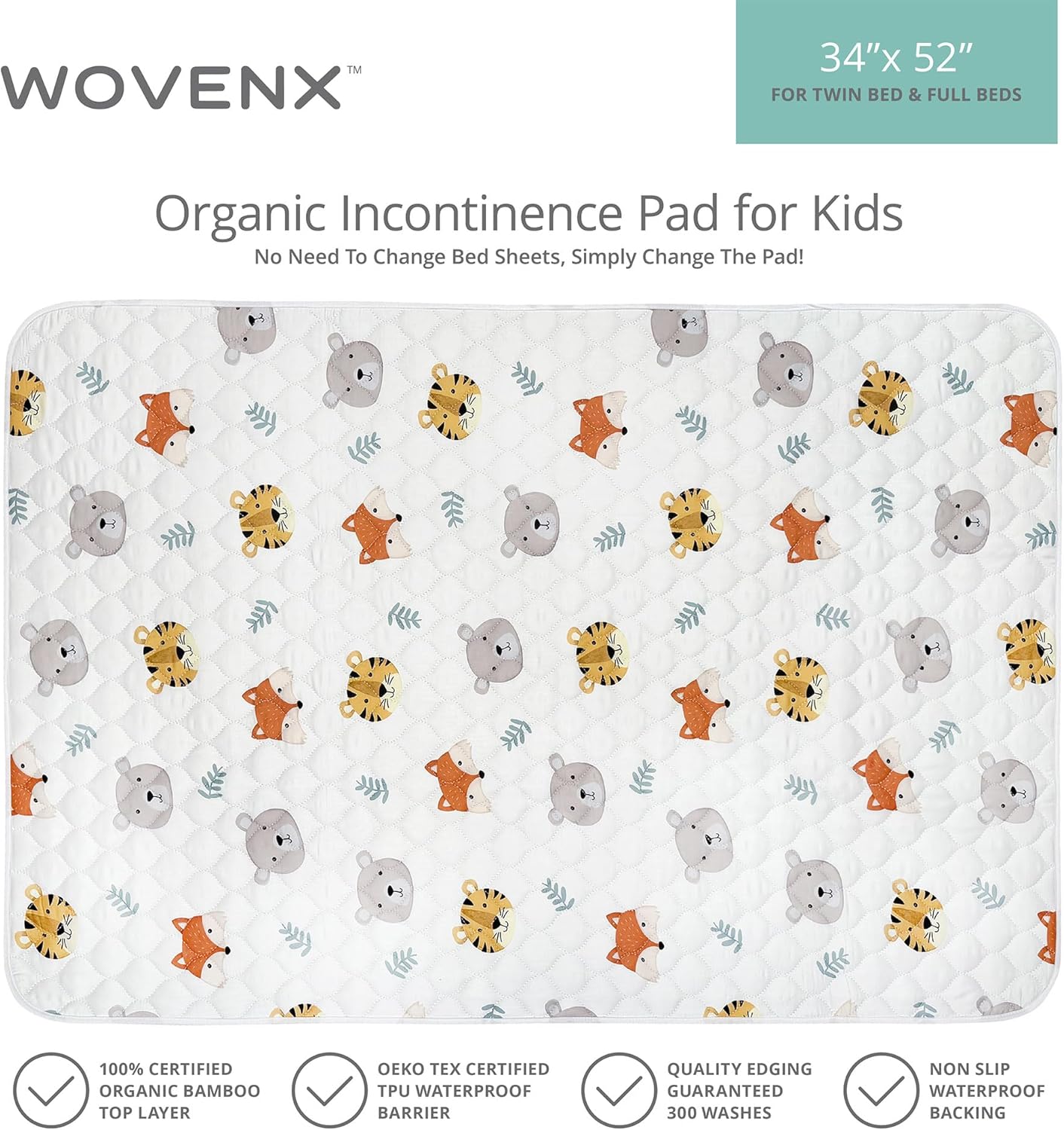 Organic Incontinence Pads for Kids & Toddlers - 5 Layer Waterproof Protectors for Overnight Bed Wetting - Reusable & Washable Pee Pads - Fits Twin to Full Size Beds - 34" x 52" Tiger Bear Fox