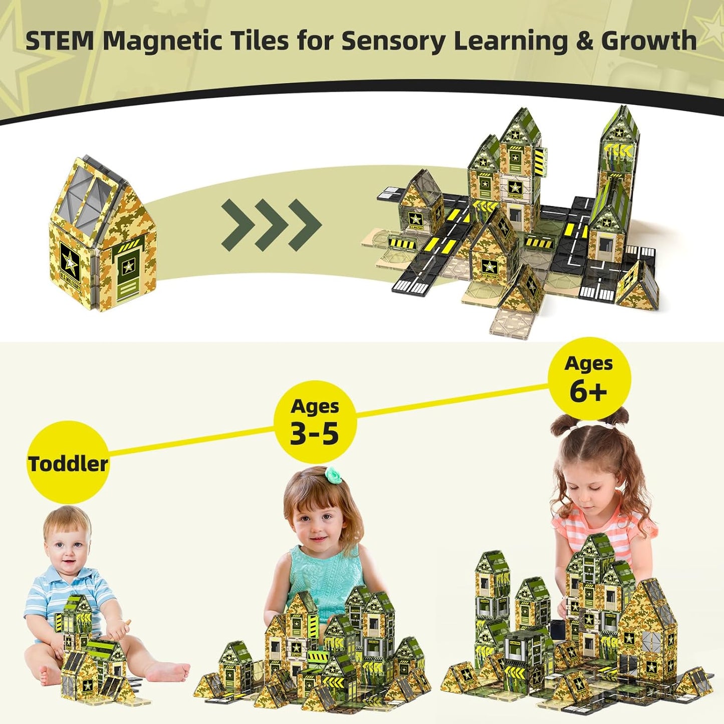 GobiDex Magnetic Tiles Army Toys, STEM Military Magnetic Building Blocks for Toddler Kids Ages 3-5 4-8, Sensory Magnet Construction Toys Birthday Gifts for 3+ Year Old Boys & Girls Army Men Playset