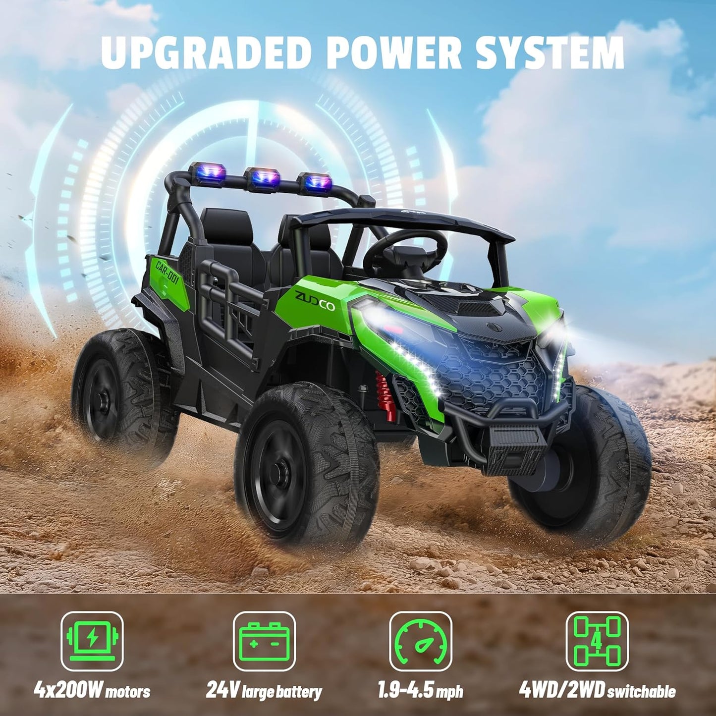 24V 2 Seater Ride on Car Truck, 4x200W, EVA Tires, Remote Control, 4WD/2WD, Rainbow Lights, Shock Absorbers, Bluetooth, Ride On UTV Toy for Kids Ages 3-8, Green