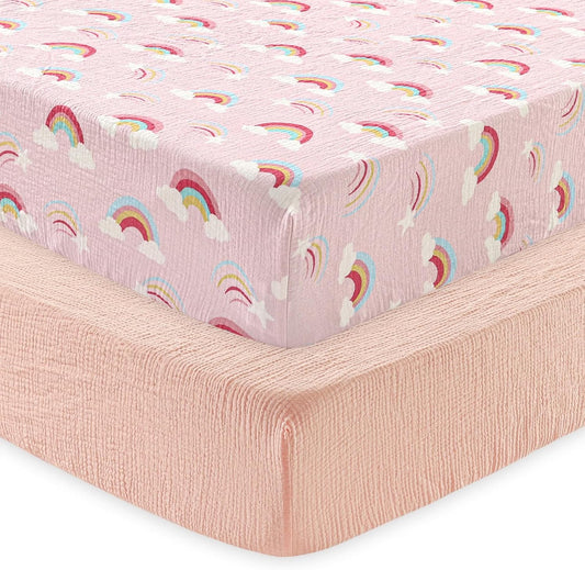 david's kids Muslin Crib Sheets for Boys Girls, 2 Pack 100% Cotton Soft Breathable Fitted Baby Sheet Set, 28x52 Inch Fits Standard Crib and Toddler Mattresses, Rainbow