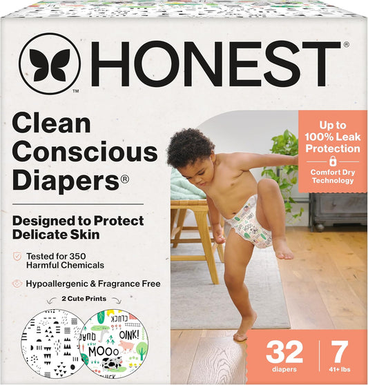 The Honest Company Clean Conscious Diapers for Delicate Skin | Up to 100% Leakproof | Hypoallergenic, Fragrance Free | Gender Neutral | Club Box, Size 7 (41+ lbs), 32 Count (Prints May Vary)