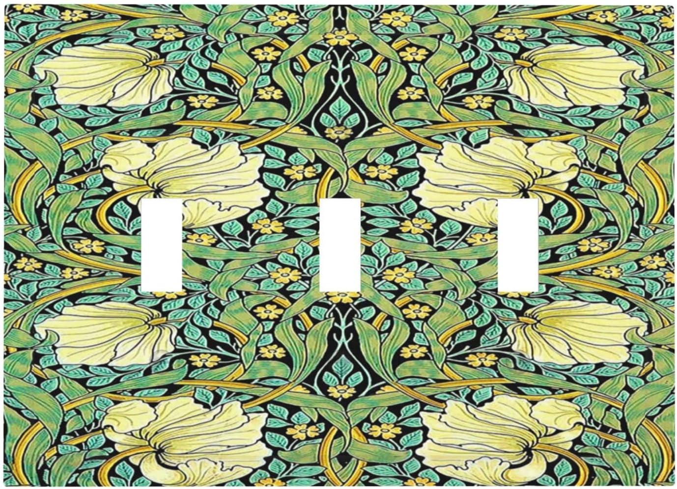 Decorative Switch Plates William Morris Vintage Floral Yellow Flowers Green Leaf 3 Gang Wall Plate Triple Toggle Light Switch Cover Faceplate Electrical Wall Panels for Bedroom living Room