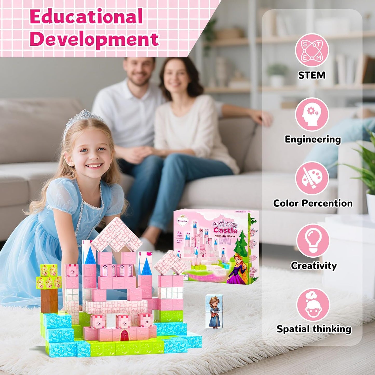 64 Pcs Magnetic Blocks-Princess Castle Collection World,Magnetic Building Blocks for 3+ Year Old Boys & Girls, Creative STEM Sensory Toys,Christmas Birthday Gifts for Kids Ages 3-8