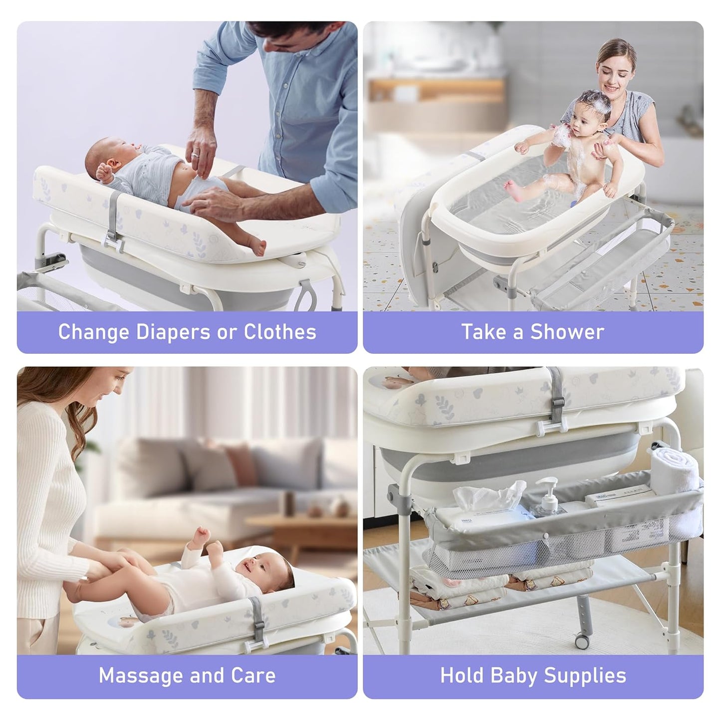2-in-1 Baby Bathtub with Changing Table, Foldable Diaper Changing Station with 4 Wheels, Waterproof Pad, Storage Rack and Baby Bath Tub, Adjustable Height Portable Nursery Organizer for Newborn Infant