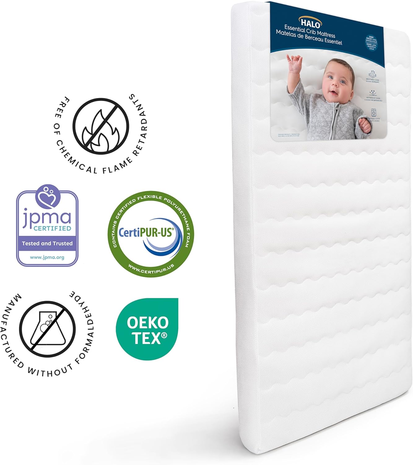 HALO Essential Crib & Toddler Mattress - Breathable, Waterproof, Machine Washable Cover, Firm Foam Core, JPMA & Oeko-Tex Certified