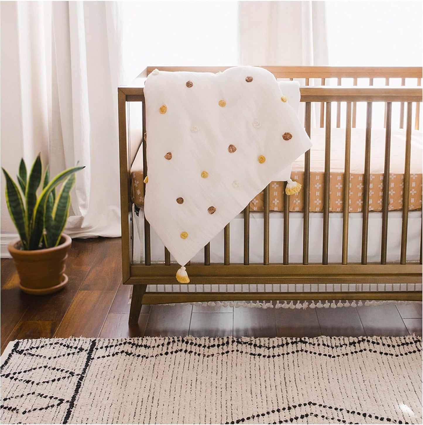 Crane Baby Blanket, 36” x 36”, Soft Cotton Pom Pom Nursery Blanket for Boys and Girls, Cream