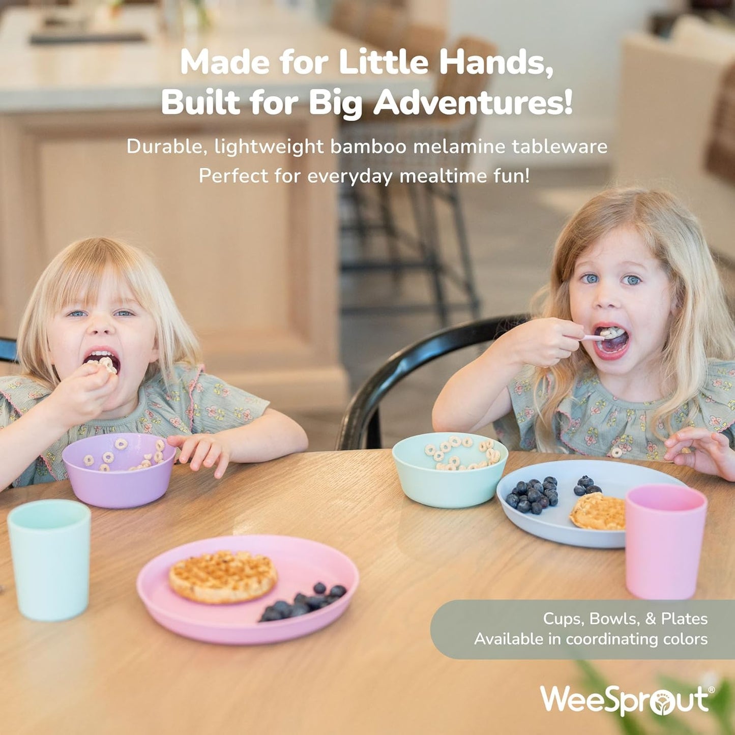 WeeSprout Bamboo Kids Bowls, Set of Four 15 oz Kid-Sized Dinnerware, Cereal, Leftovers & Snack Bowl, Dishwasher Safe (Pink, Green, Gray, & Beige)
