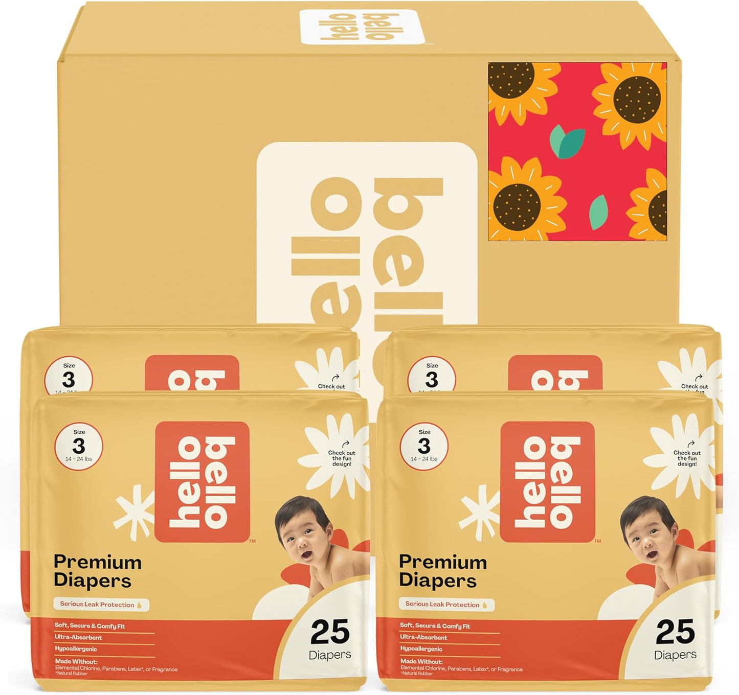 Hello Bello Diapers, Size 3 (14-24 lbs) Flower Child, 100 Count Value Pack of Premium Disposable Baby Diapers, Hypoallergenic with Soft, Cloth-Like Feel