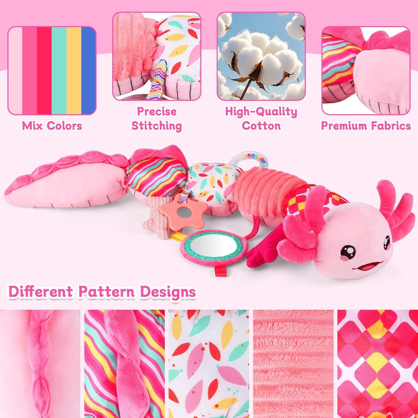Baby Girls Toys 0-6 6-12 Months,Sensory Axolotl Caterpillar Toys Baby Rattles Musical Tummy Time Toys for 0 3 6 9 12 Months Stuffed Plush with Crinkle, Mirror,Teether for Infant Newborn Shower Gifts
