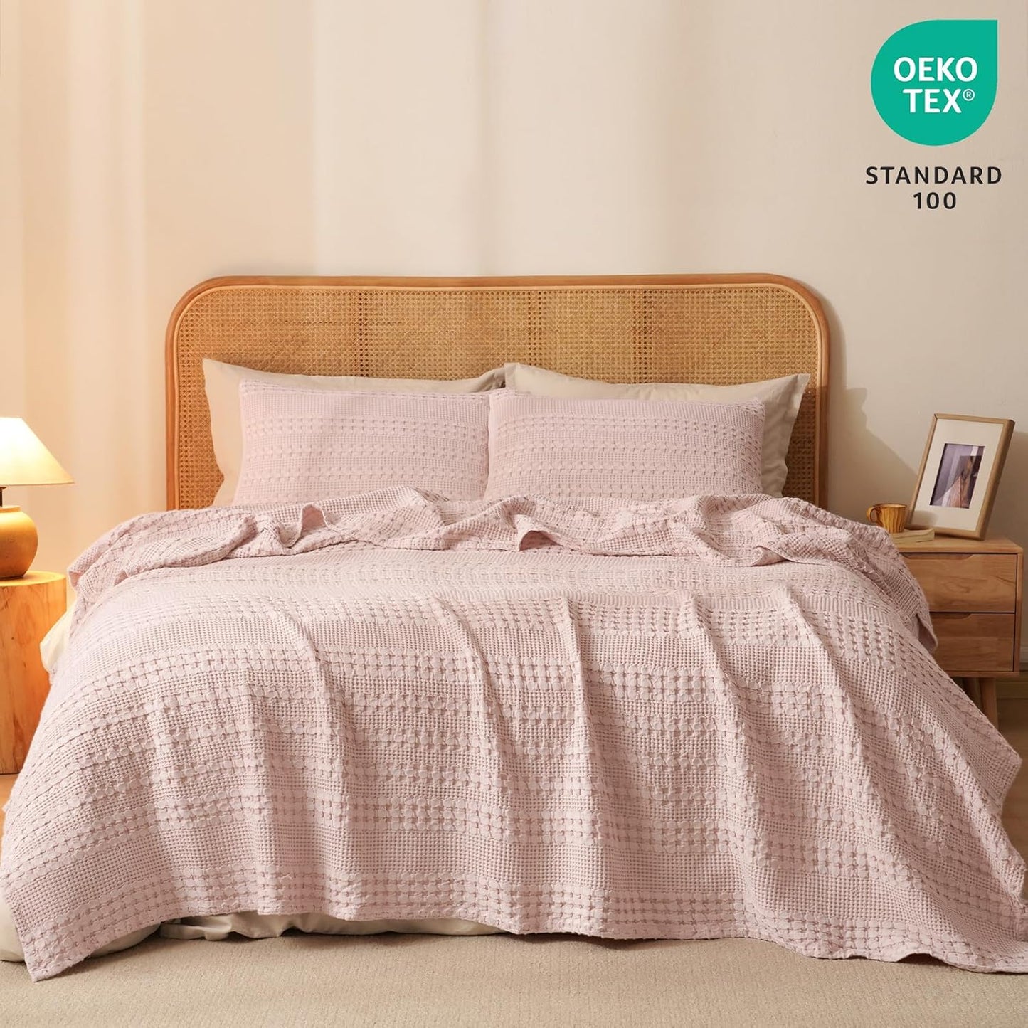 PHF 100% Cotton Waffle Weave Blanket Queen Size, Soft Lightweight Breathable Cozy Summer Blankets for Bed, Luxury Aesthetic Woven Bedding for Home Decor, 90"x90", Pink/Mauve