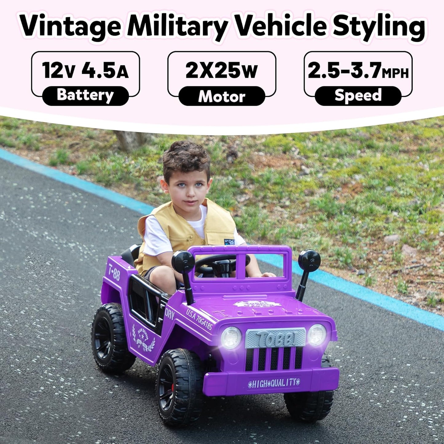 TOBBI 12V Kids Electric Ride On Car Toy, Children Battery Powered Truck to Drive, Motorized Vehicles for Toddlers 3-6 with with Off-Road Wheels/Suspension/Horn/LED Lights-Purple