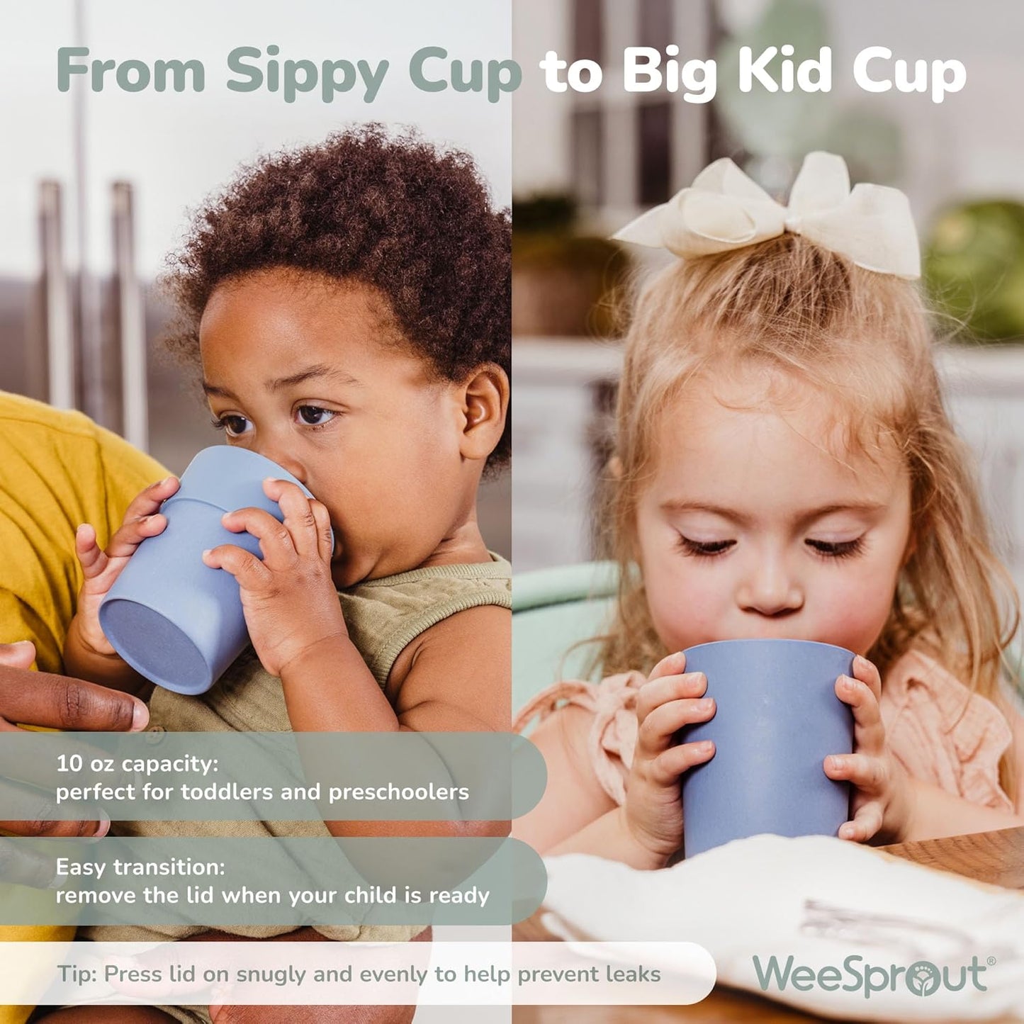 WeeSprout Bamboo Grow-With-Me Sippy Cups with Lids, 10 oz Set of Four, Babies Kids & Toddlers, Made With Bamboo & 100% Silicone, Bite Spout Design, Dishwasher Safe