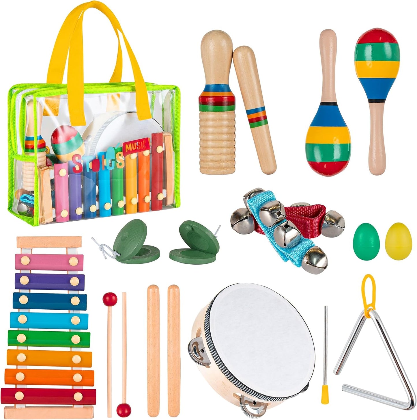 Stoie's Kids Musical Instruments Set for Toddler Ages 3-5 - Baby Wooden Percussion Musical Toys with Xylophone and Maracas, Drum, Triangle, Durable, Safe to Play, Clear Loud Sound