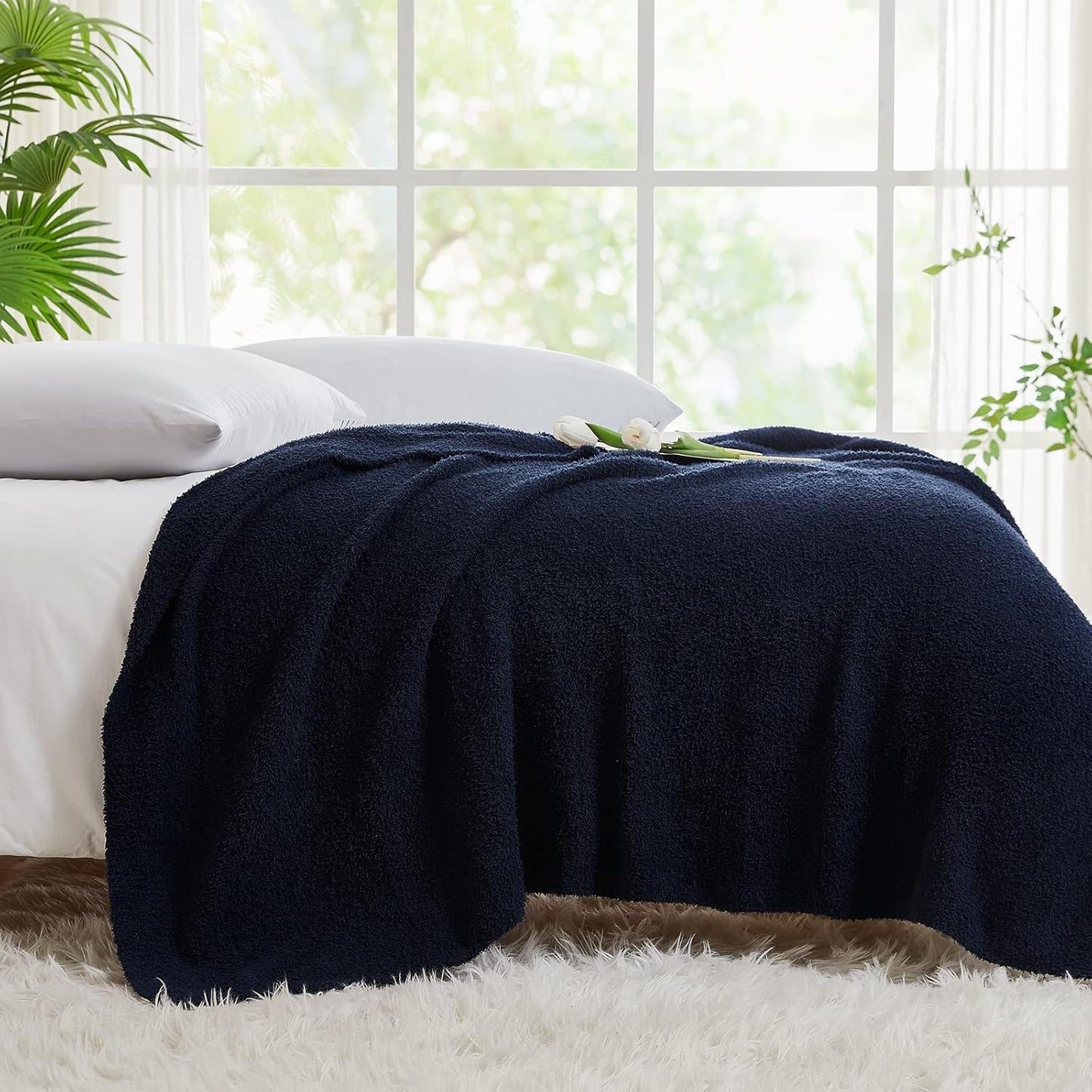 CYMULA Super Soft Knit Throw Blanket Twin Size Navy-Lightweight Plush Fuzzy Fluffy Warm Cozy Blankets and Throws for Sofa Bed All Season Use, 60x80 inches