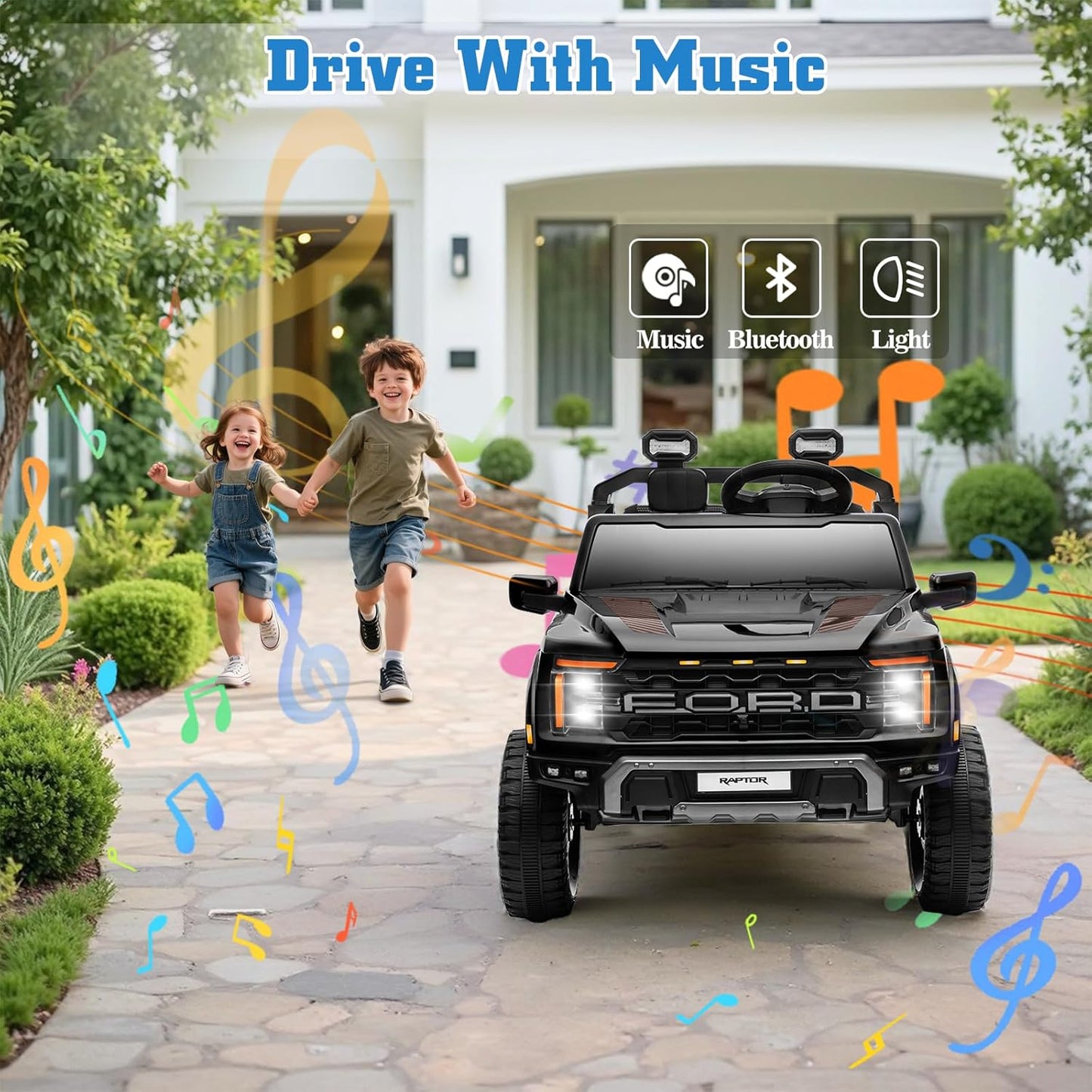 24V Ride on Car Licensed Ford F-150 Raptor, Kids Electric Car with Remote Control, LED Light/Music/MP3, Truck Bed Storage, 3-Point Seat Belt (24V, Black)