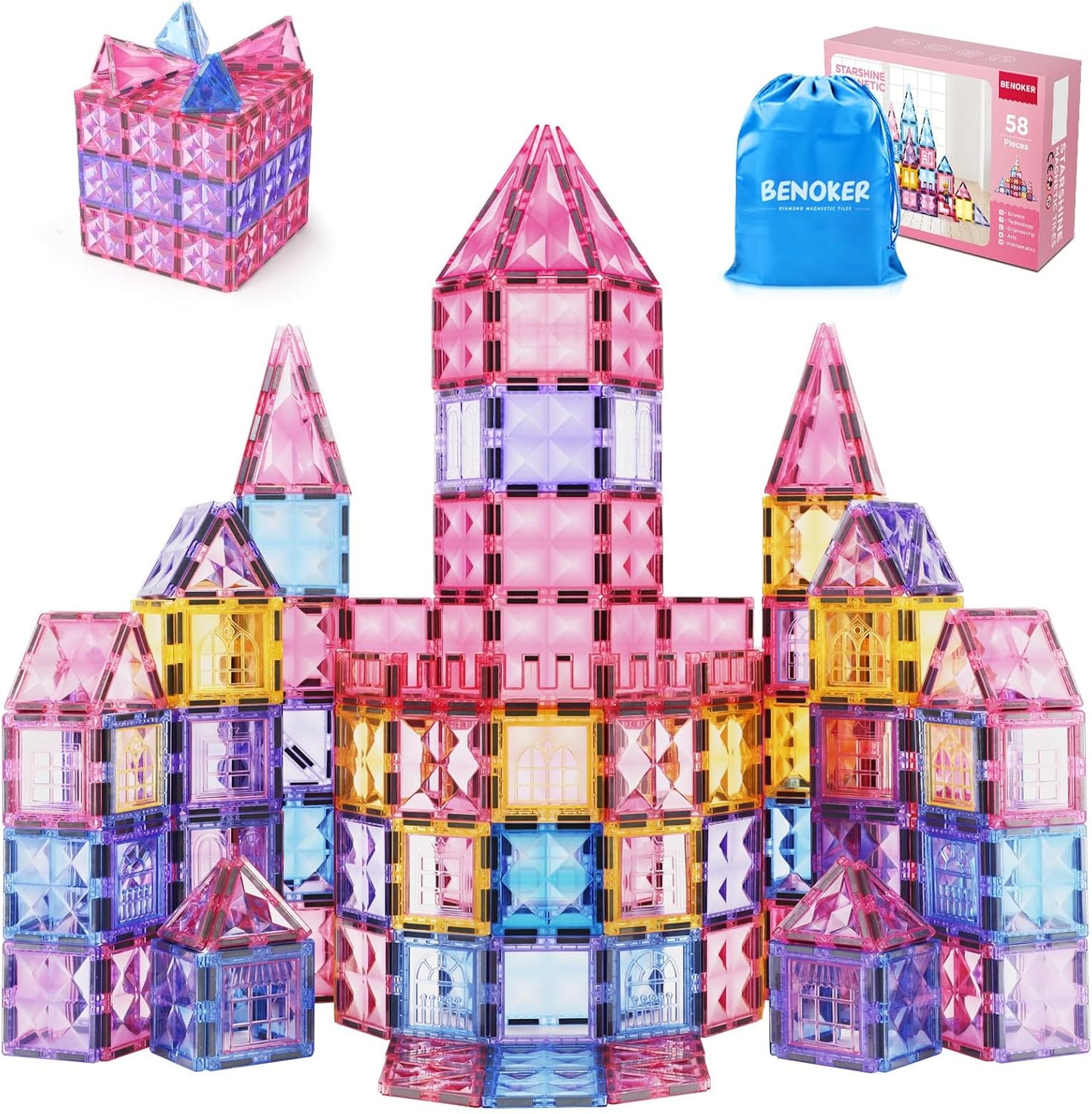 Pink Castle Magnetic Tiles for Kids Ages 3-8, 3D STEM Toys with Sparkling Building Blocks, Creative Educational Gift for Boys and Girls, Preschool Learning Toys for Birthday