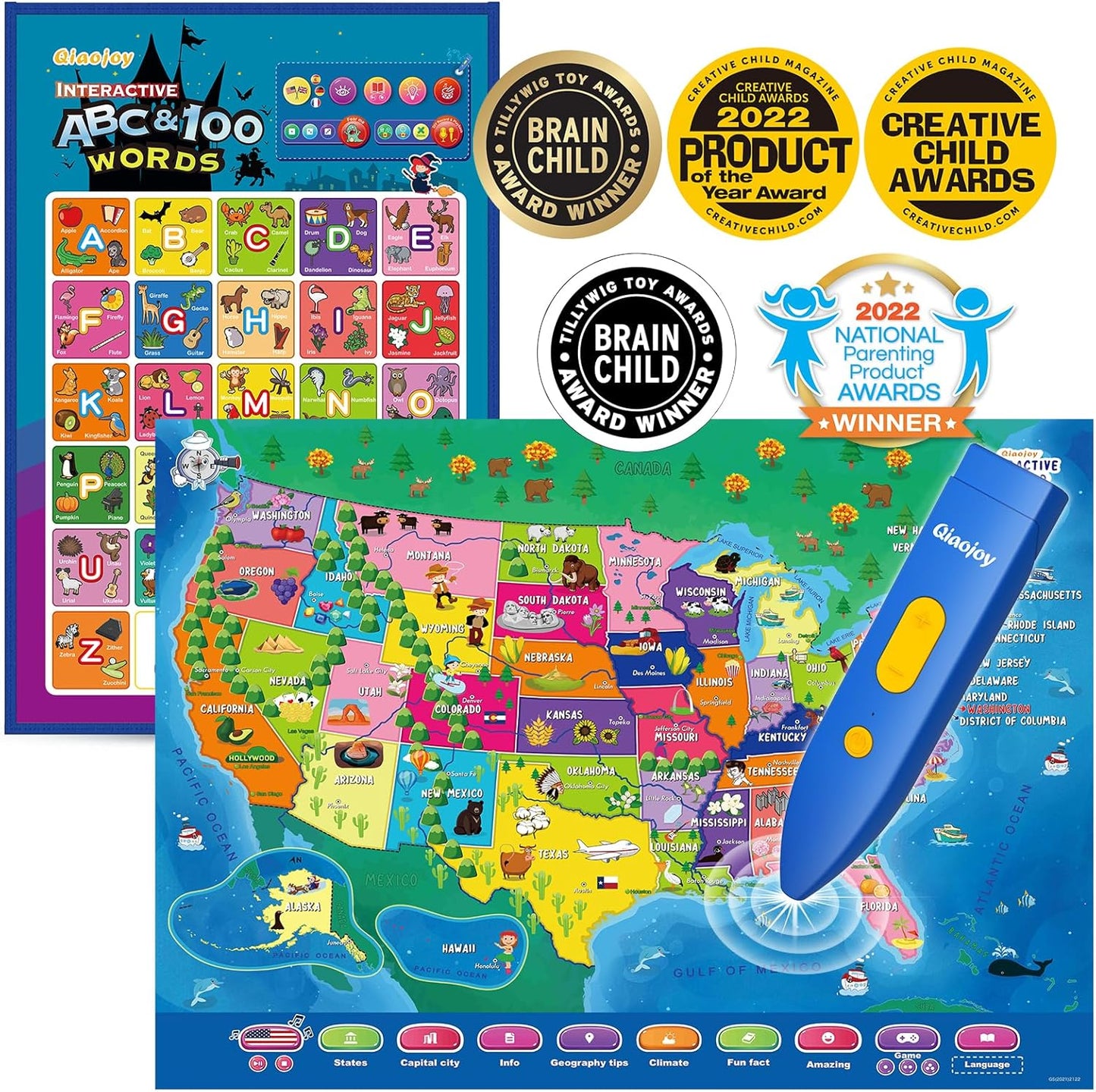 Bilingual Interactive for Kids Talking USA Map Alphabet Poster for Toddlers Learning and Educational Toys,Talking Educational Chart for Ages 3 to 12 Years Old,Learning ABC Letters for Preschool/Gift