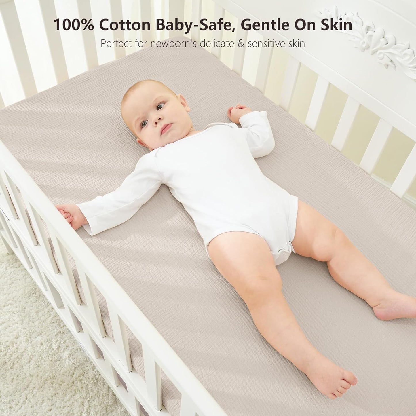 Bearmoss Muslin Crib Sheets - 100% Cotton Baby Crib Sheets Fitted for Standard Crib Mattress & Toddler Bed Mattress 52"x28" Soft Breathable Crib Sheet Neutral for Boys Girls - 2 Pack (White Star)