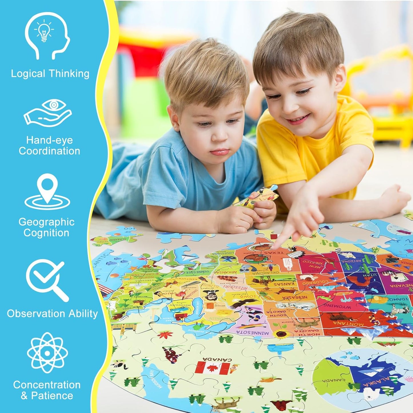 United States Puzzle 70 Pieces USA Map Floor Jigsaw Puzzles for Kids Ages 4-10, Jumbo Round US Geography Puzzle 50 States with Capitals Educational Learning Toys for Boy or Girl