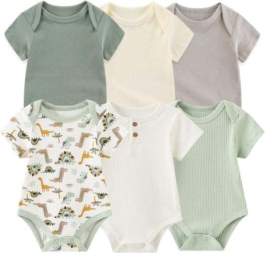 Baby Bodysuit 6 Pack Soft Mixed Ribbed Short Sleeve Romper Infant Boy Girl Clothes Set