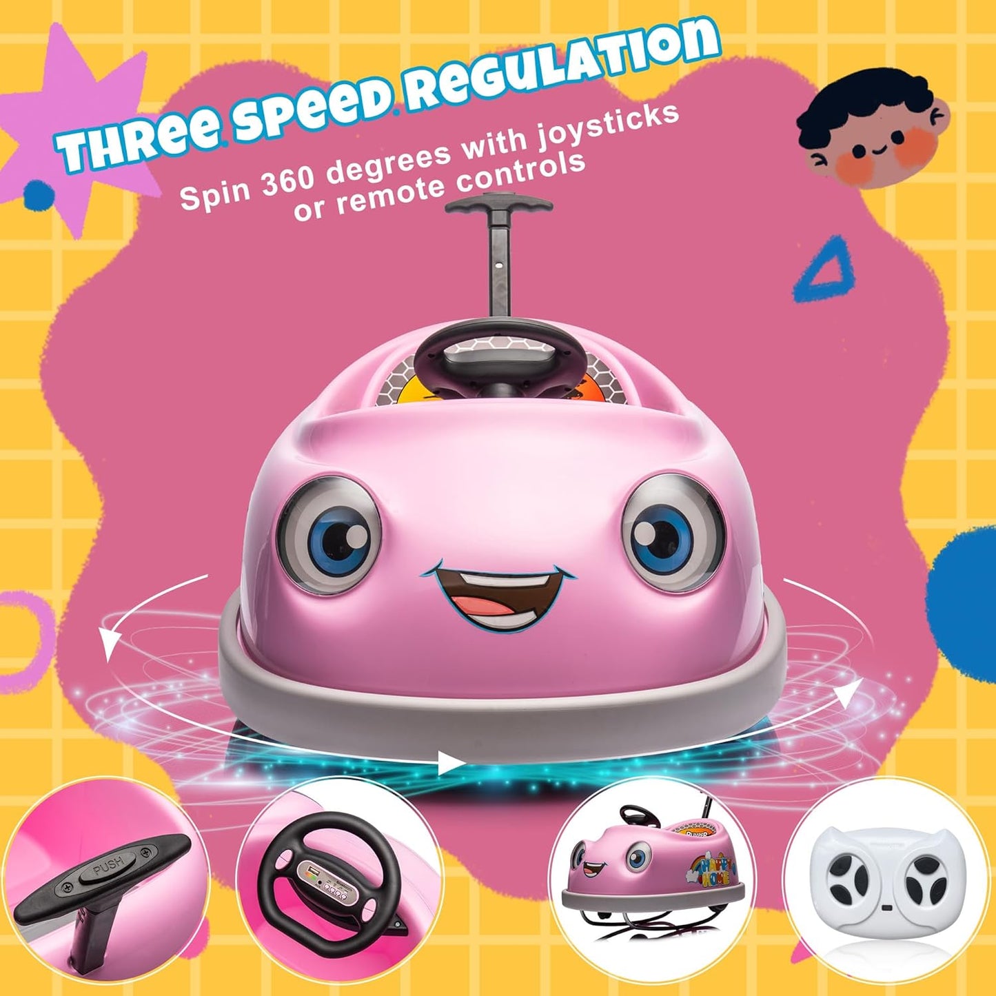 12V Dual Battery Electric Ride on Kids Bumper Car w/Remote Control,360 Degree Spin,Push Rod Rocker Horse Function,3-Speeds Babies & Toddlers Bumping Car Ride on Toy Gift for 1-4 Years Children (Pink)