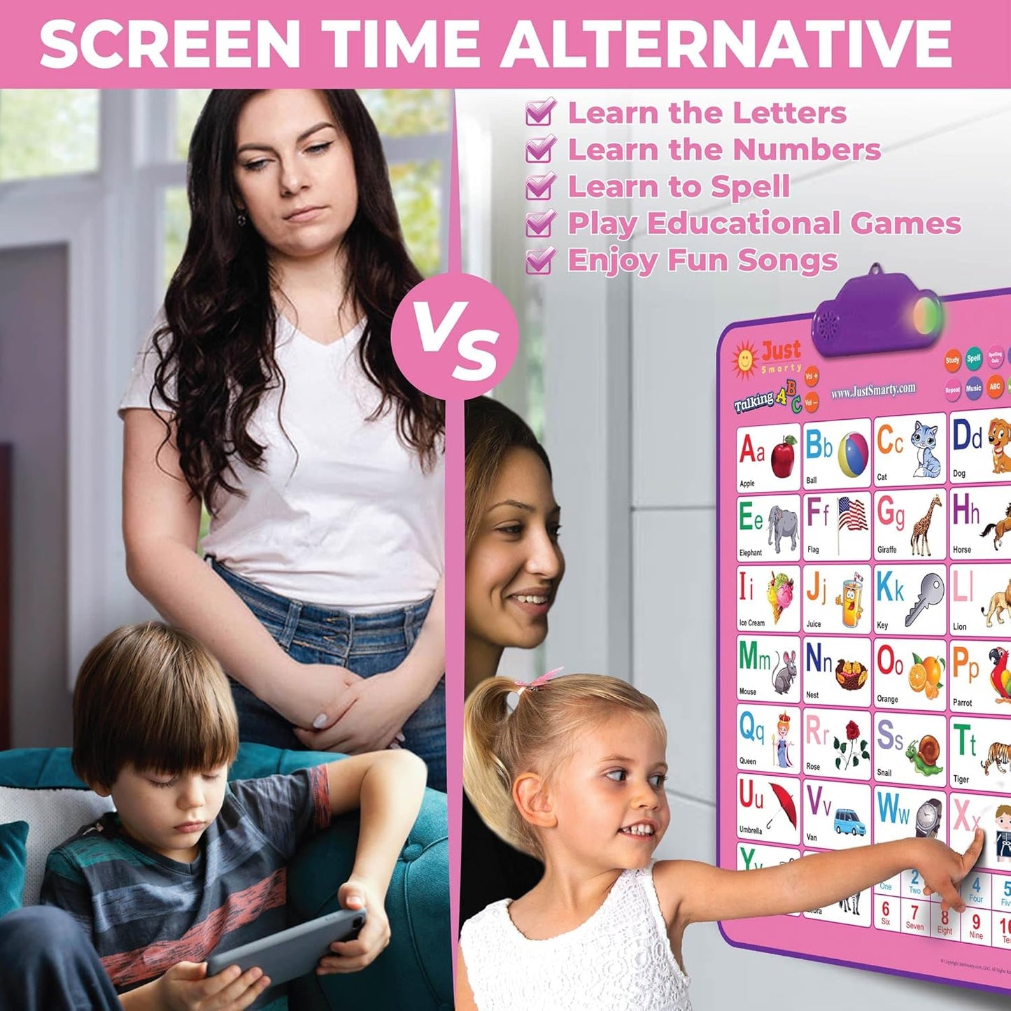 Just Smarty Interactive Alphabet Wall Chart | Talking ABCs & 123s Music Poster with Interactive Light | Toddler Alphabet Learning | Educational Toys for 3 Year Old Girls | Toddler Girl Toys 2 3 4 5