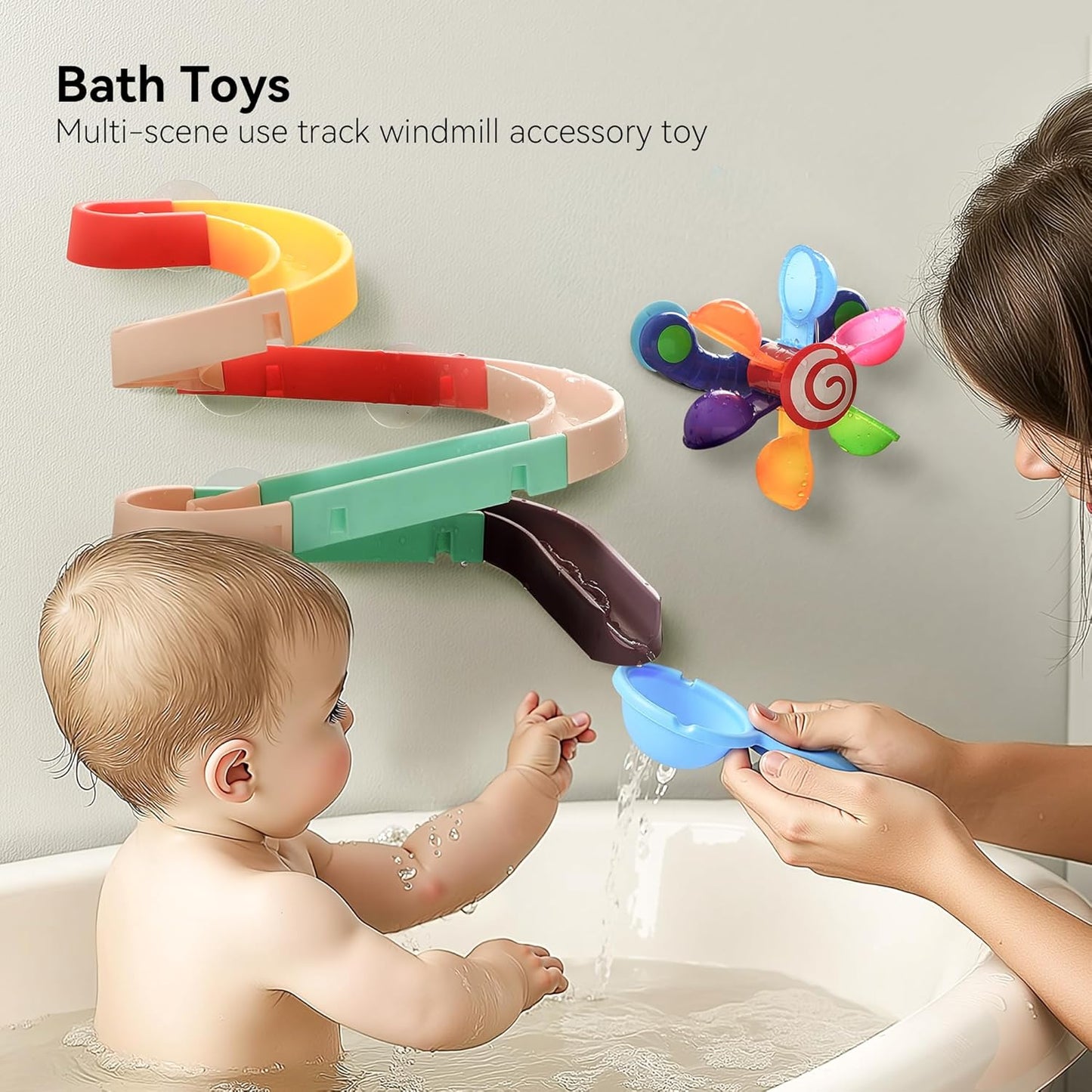 bopoobo Sand and Water Table for Toddlers, 4 in 1 Kids Wooden Sensory Activity Table with 2 Storage Bins, Painting Acrylic Board, Slide Track Toy & Windmill Suction Cups Toy, Beach Accessories