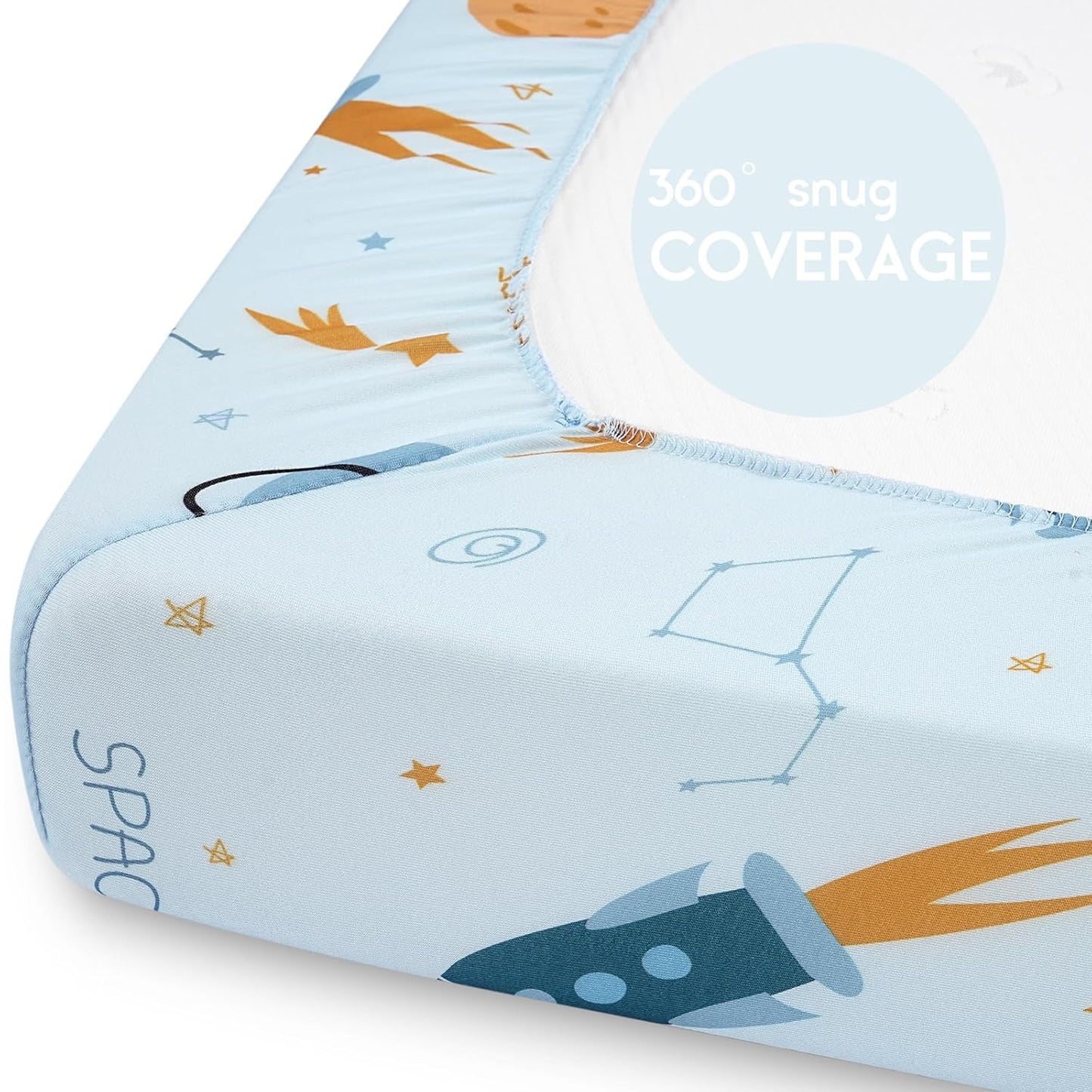 Yoofoss Pack and Play Sheets Fitted, Mini Crib Sheets 2-Pack for Pack N Play Mattress, Stretchy Playard Sheet, Soft and Breathable Blue Rocket