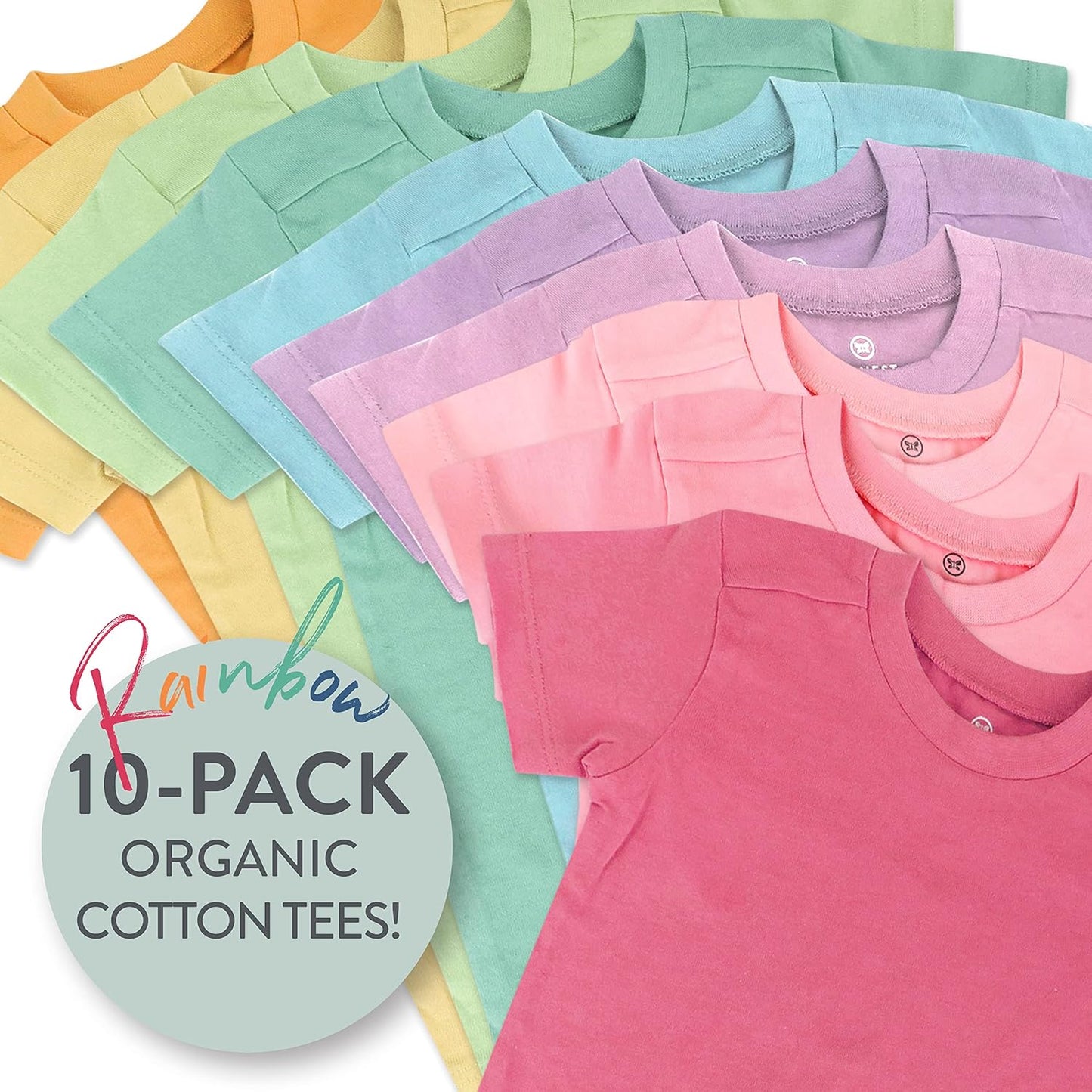 HonestBaby 10-Pack Short Sleeve T-shirts 100% Organic Cotton Baby, Toddler, Little Kids, Boys, Girls, Unisex