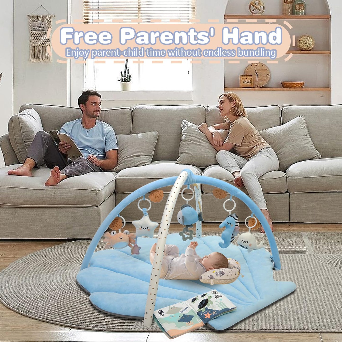 Baby Play Gym Mat, Oversize Tummy Time Activity Mat for Babies 0-6 Months, Shells Shaped Baby Play Mat with 6 Detachable Toys, Baby Mat for Floor Sensory Exploration Motor Skill Development (Blue)