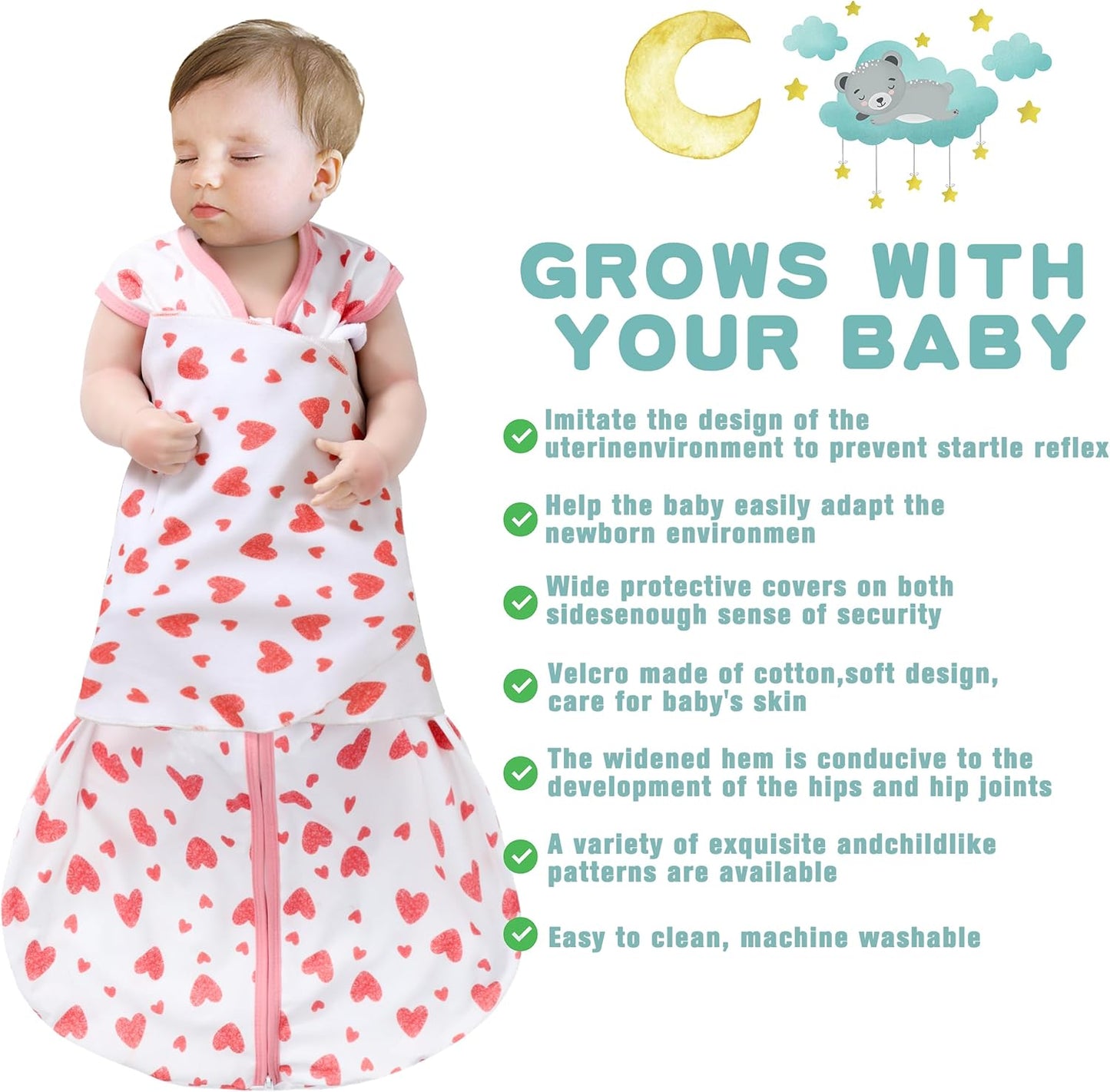 Newborn Sleep Sack Baby Swaddle,Swaddle me 0-3 Month,3-Way Adjustable Wearable Blanket,100% Rayon Cotton Swaddling Sleeping Bag，TOG 0.5 (Love, 0-3 Months)