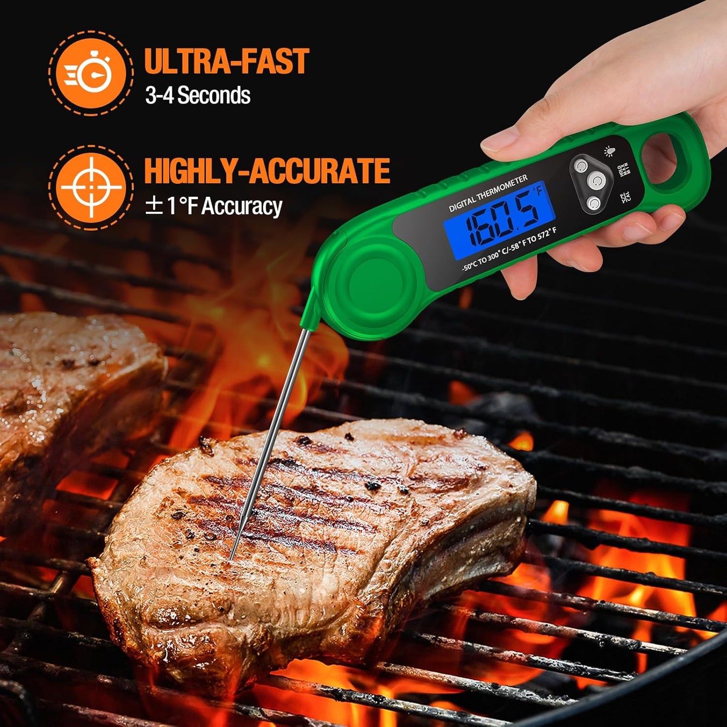 Digital Meat Thermometer for Grilling, Candy Thermometer Instant Read Food Thermometer Waterproof with Backlight for Cooking, Deep Fry, BBQ, Grill, Smoker and Roast (Green)