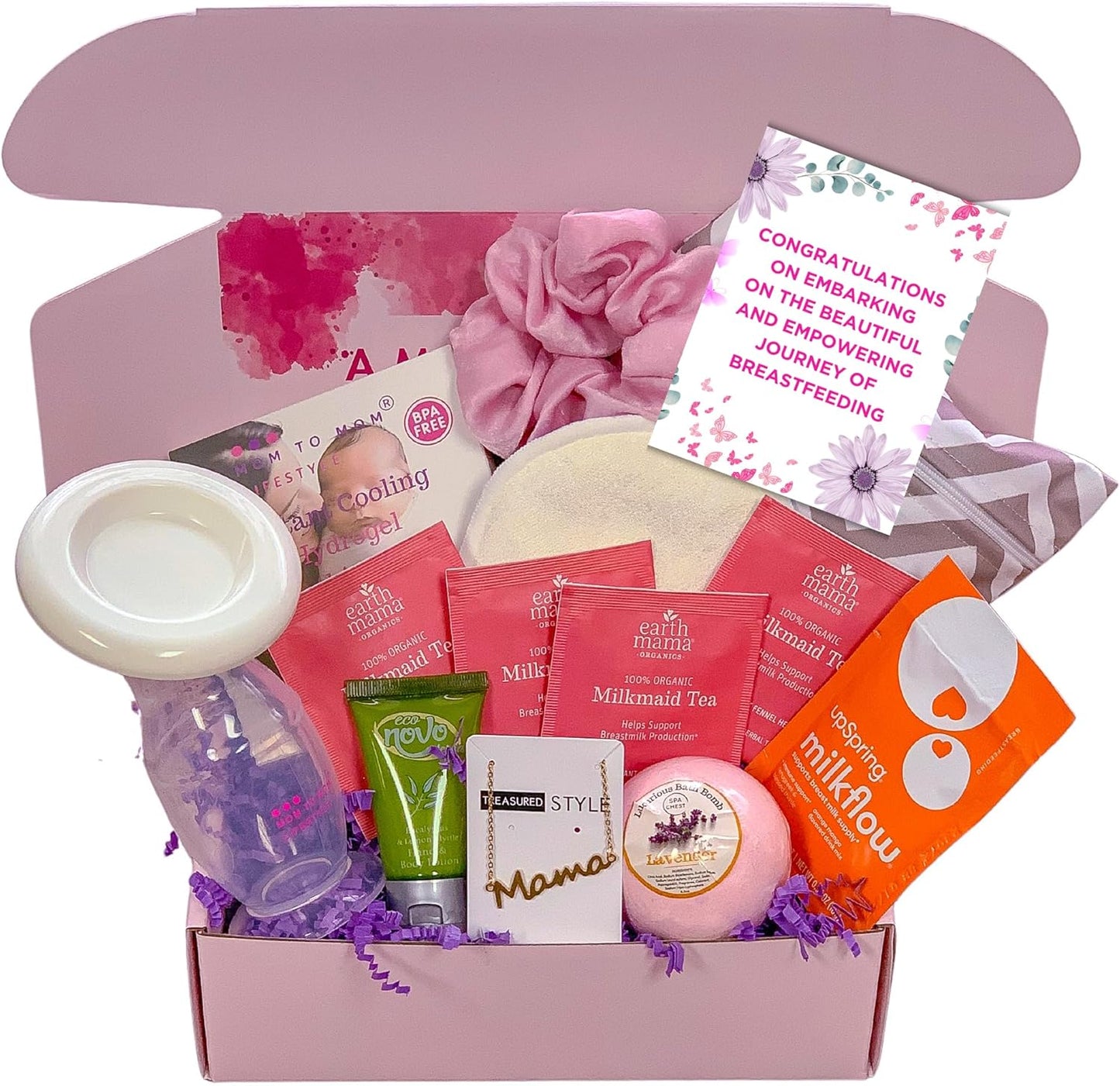 New Mom Postpartum Breastfeeding Essentials Kit for Nursing Mama, Lactation Tea, Silicone Breast Pump, Reusable Breast Pads, Pain Relief for Sore Cracked Nipples, Spa and Relaxation Basket Box Set