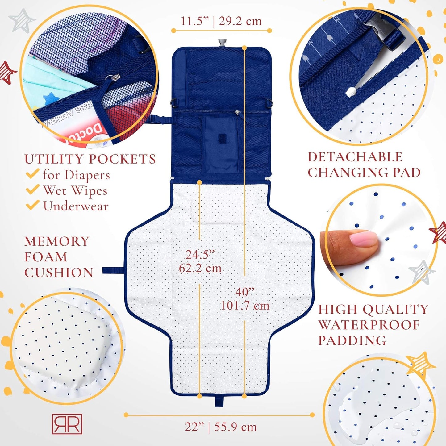 Portable Diaper Changing Pad Waterproof – B0NUS Insulated Baby Bottle Bag, 2-in-1 Diaper Clutch and Changing Mat, Wipe Clean Portable Changing Pad with Built-in Head Cushion (Dark Blue)